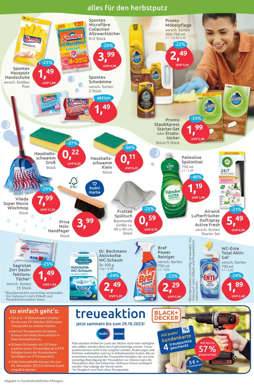 Aktueller Prospekt Budni - Prospekte - von 18.09 bis 23.09.2023 - strona 7 - produkty: airwick, Allzwecktücher, auto, balsam, bio, biozidprodukte, Bref, Dr. Beckmann, Duftspray, eis, elle, ente, erde, handschuhe, Holz, lufterfrischer, möbel, olive, palmolive, Pronto, Rauch, reis, rwe, sagrotan, schuhe, schwamm, spontex, spülmittel, tee, Ti, tuc, tücher, weck, WICK