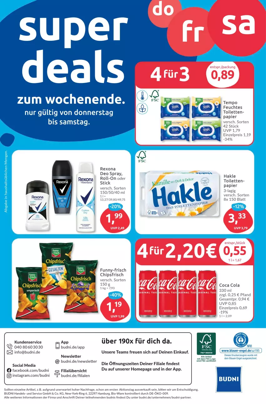 Aktueller Prospekt Budni - Prospekte - von 18.09 bis 23.09.2023 - strona 8 - produkty: auer, bio, chips, chipsfrisch, cola, deo, deo spray, drucker, eis, Engel, funny-frisch, hakle, kerze, Omep, papier, reis, rexona, ring, roll-on, Ti, trolli, Yo