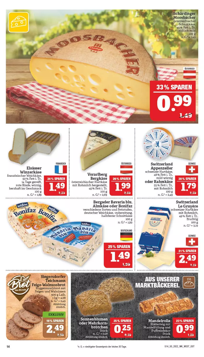 Aktueller Prospekt Marktkauf - Prospekt - von 11.12 bis 17.12.2022 - strona 14 - produkty: aeg, almkäse, appenzeller, bavaria blu, bergader, Bergkäse, blätterteig, brot, deutscher weichkäse, eis, elle, Feigen, französischer weichkäse, frucht, halbfester schnittkäse, hartkäse, Käse, korn, mac, mandel, milch, nuss, reis, Ria, rind, schnittkäse, schweizer hartkäse, Ti, walnuss, weichkäse, ZTE