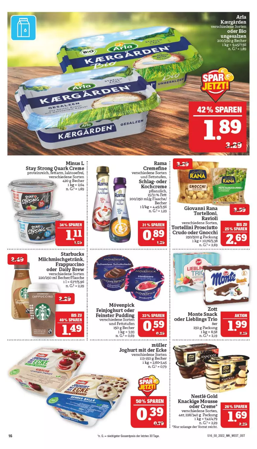 Aktueller Prospekt Marktkauf - Prospekt - von 11.12 bis 17.12.2022 - strona 16 - produkty: Becher, beere, bio, Cap, cappuccino, cin, creme, eis, feinjoghurt, flasche, getränk, giovanni rana, gnocchi, himbeer, himbeere, joghur, joghurt, joghurt mit der ecke, Knackige Mousse, Kochcreme, milch, monte, mousse, mövenpick, Müller, prosciutto, pudding, quark, rama, Rana, ravioli, reis, snack, starbucks, Ti, torte, tortellini, tortelloni, zott, ZTE