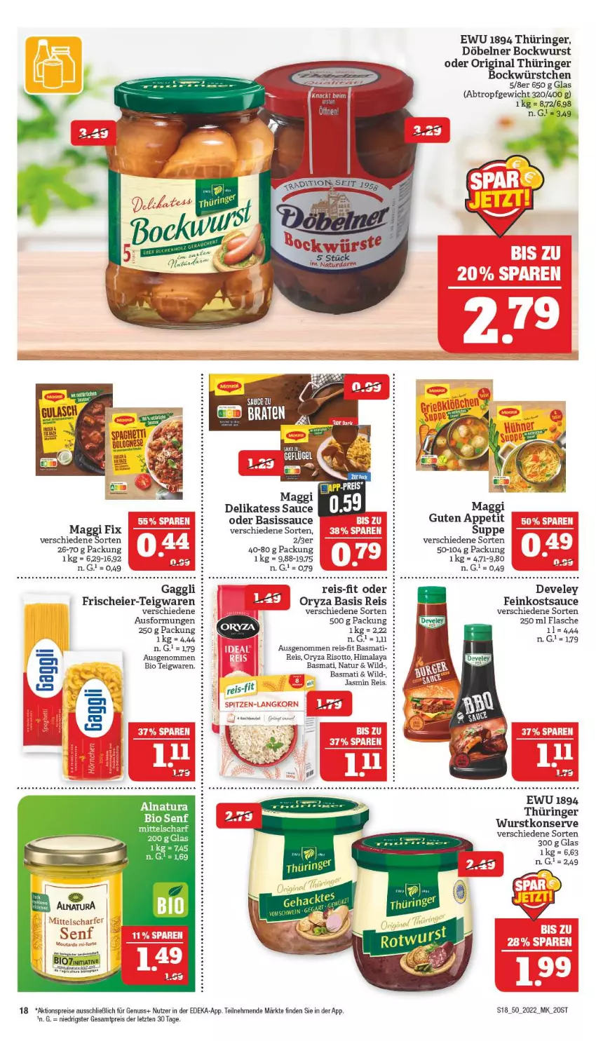 Aktueller Prospekt Marktkauf - Prospekt - von 11.12 bis 17.12.2022 - strona 18 - produkty: aktionspreis, basmati, bett, bio, bockwurst, deka, delikatess sauce, develey, eier, eis, feinkost, flasche, gaggli, gin, korn, maggi, maggi fix, natur, nuss, original thüringer, oryza, reis, reis-fit, ring, risotto, sauce, senf, spitzen-langkorn, suppe, tee, teigwaren, Ti, Wild, wurst, würstchen, ZTE