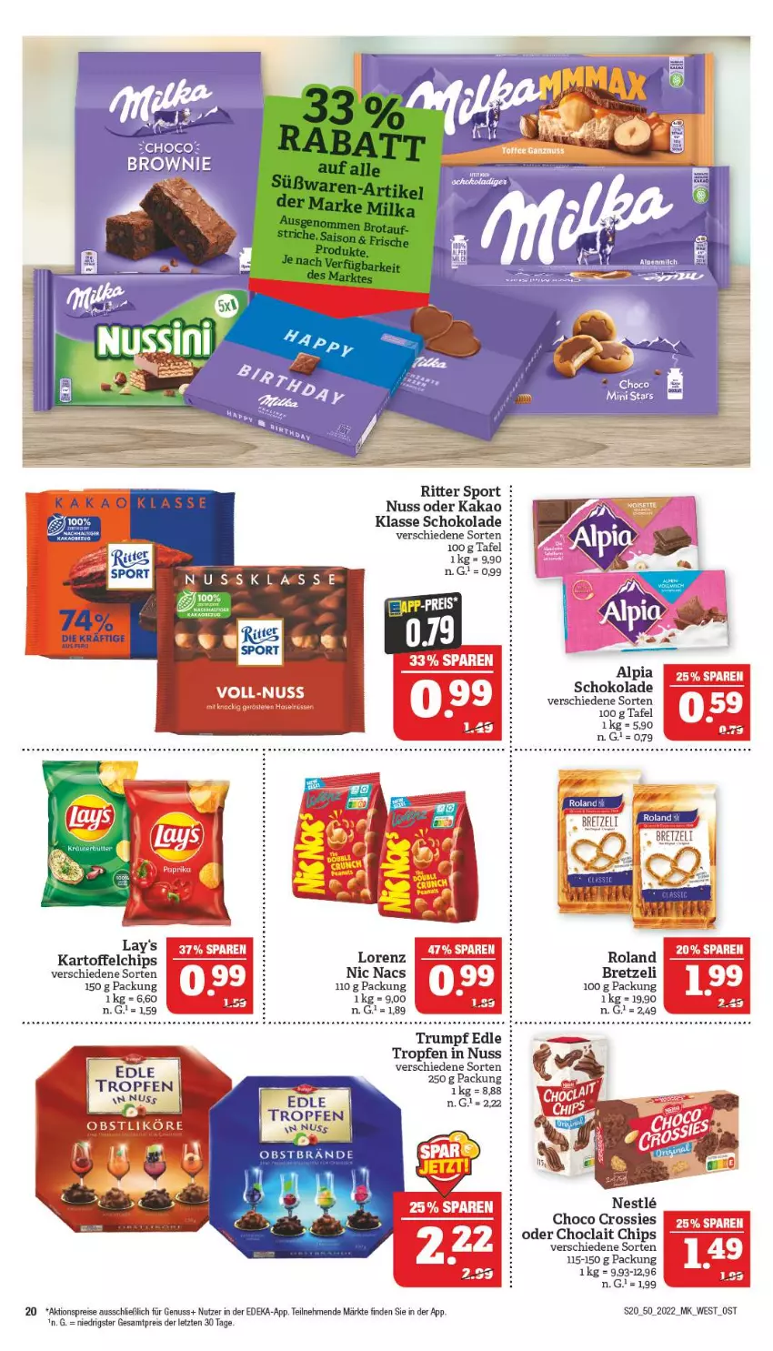 Aktueller Prospekt Marktkauf - Prospekt - von 11.12 bis 17.12.2022 - strona 20 - produkty: aktionspreis, brownie, chips, choclait chips, choco crossies, crossies, deka, eis, kakao, kartoffel, kartoffelchips, lays, lorenz, nuss, obst, Obstbrand, reis, ritter, ritter sport, rum, schoko, schokolade, Sport, Ti, ZTE