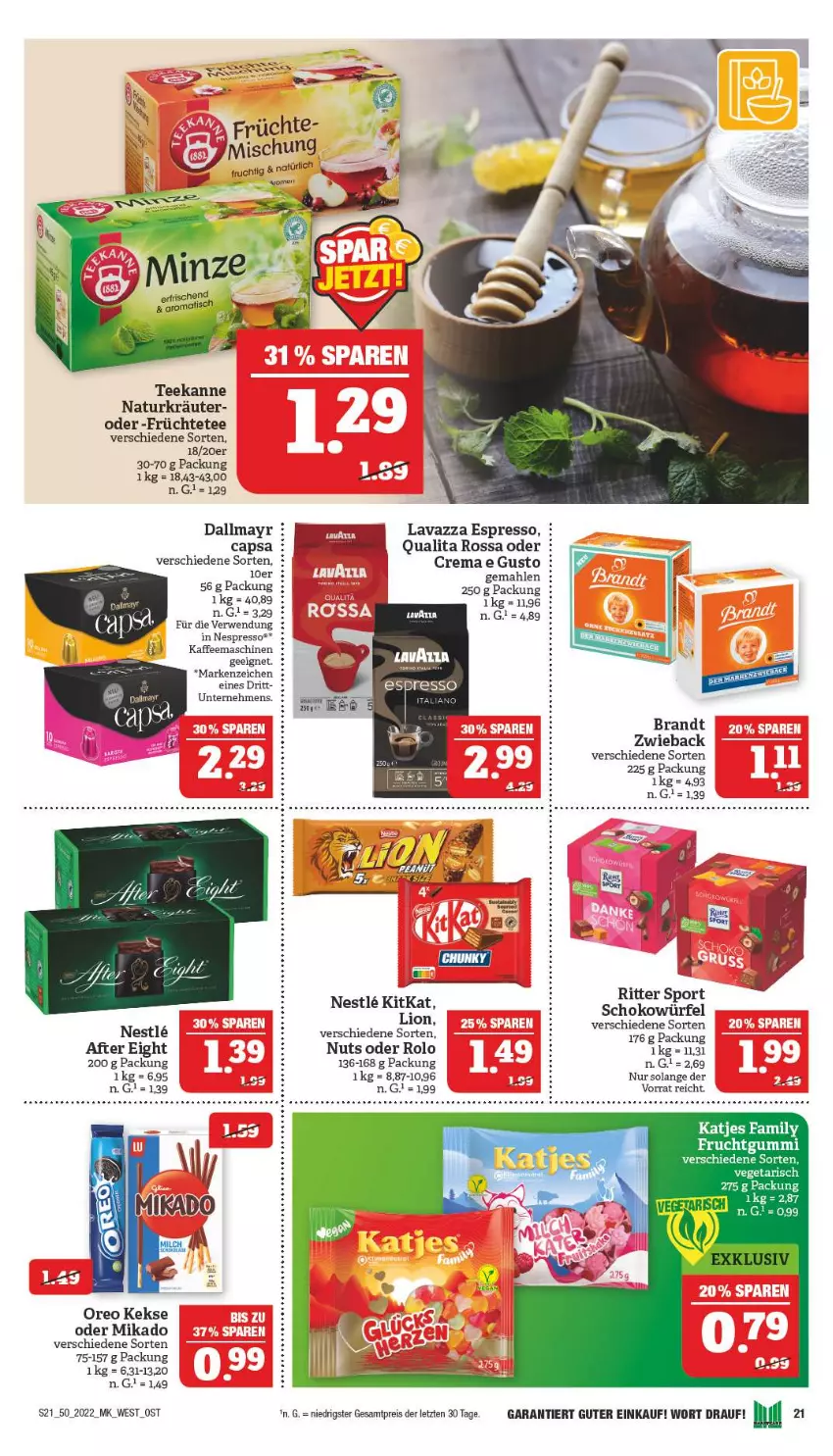 Aktueller Prospekt Marktkauf - Prospekt - von 11.12 bis 17.12.2022 - strona 21 - produkty: after eight, beere, brandt, Cap, dallmayr, eis, espresso, frucht, früchte, Früchtetee, fruchtgummi, katjes, keks, kekse, kräuter, lavazza, mikado, natur, nespresso, oreo, reis, ritter, ritter sport, rwe, schoko, schokowürfel, Sport, tee, teekanne, Ti, Vegeta, würfel, ZTE