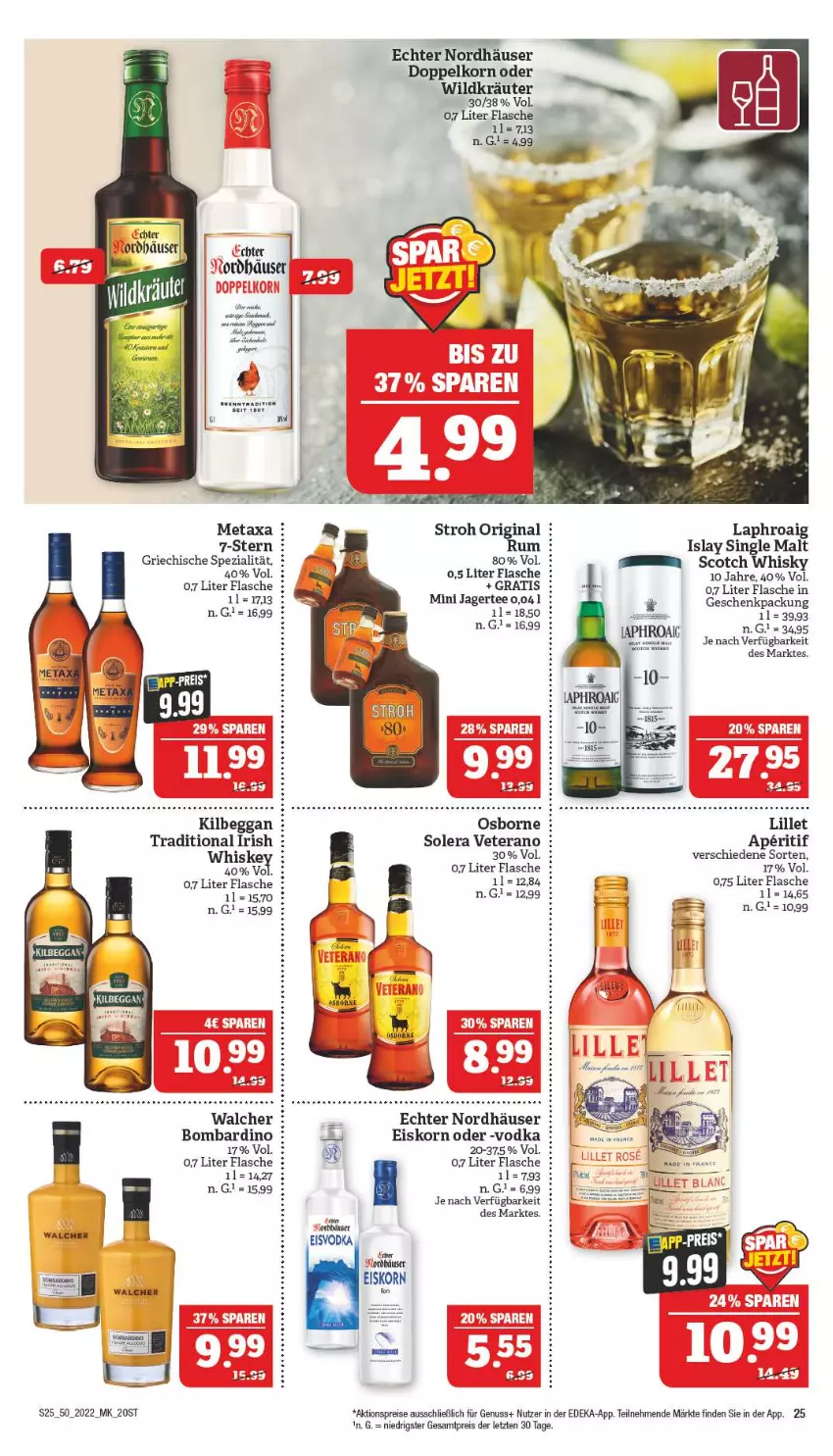 Aktueller Prospekt Marktkauf - Prospekt - von 11.12 bis 17.12.2022 - strona 25 - produkty: aktionspreis, aperitif, deka, doppelkorn, eis, flasche, geschenkpackung, gin, islay single malt, Jagertee, kilbeggan, korn, kräuter, laphroaig, lillet, Metaxa, nuss, osborne, reis, rum, scotch, scotch whisky, single malt, Spezi, tee, Ti, veterano, vodka, whiskey, whisky, Wild, ZTE