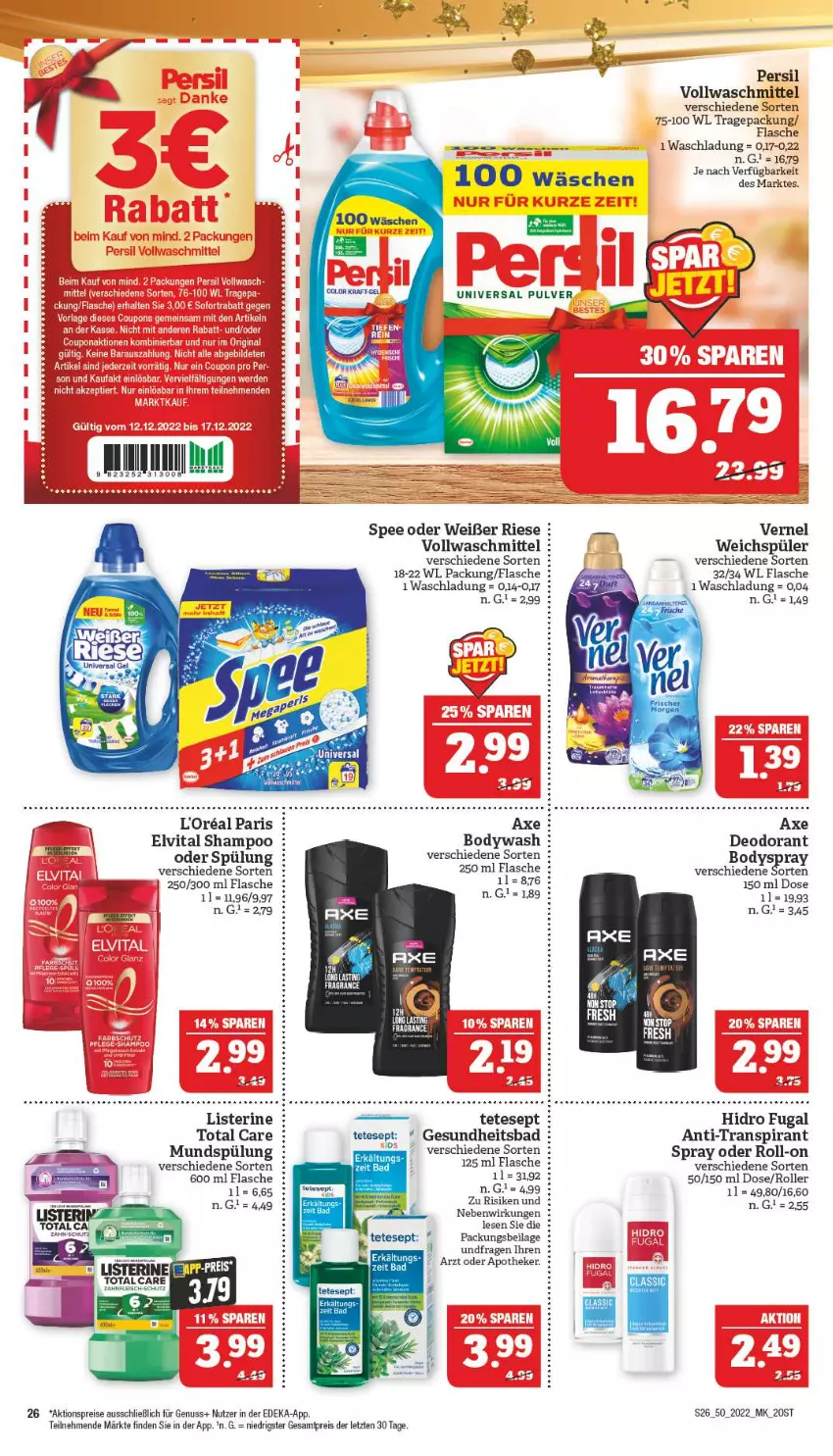 Aktueller Prospekt Marktkauf - Prospekt - von 11.12 bis 17.12.2022 - strona 26 - produkty: aktionspreis, Apotheke, asti, axe, Bad, body, deka, deo, deodorant, eis, elvital, flasche, Gesundheit, ilag, listerine, mundspülung, nuss, persil, reis, roll-on, Roller, shampoo, spee, spülung, Ti, total care, universal pulver, vernel, vita, weichspüler, ZTE