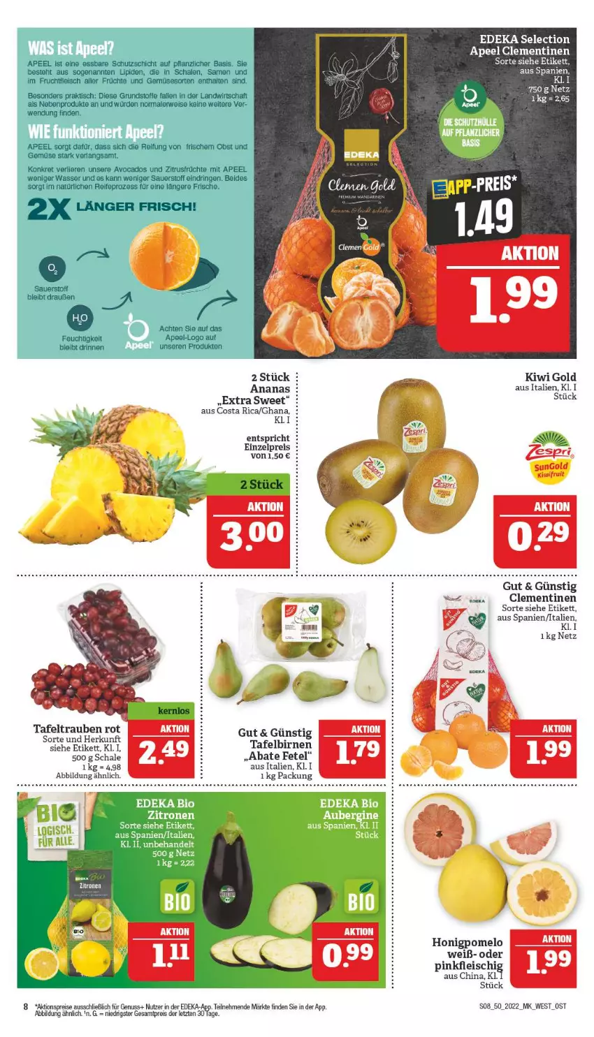 Aktueller Prospekt Marktkauf - Prospekt - von 11.12 bis 17.12.2022 - strona 8 - produkty: aktionspreis, ananas, auer, avocado, avocados, Birnen, clementinen, deka, eis, fleisch, frucht, früchte, fruchtfleisch, honig, Honigpomelo, kiwi, Kiwi Gold, kiwifruit, nuss, obst, Obst und Gemüse, Pomelo, reis, ring, rwe, Schal, Schale, tafeltrauben, Ti, tisch, trauben, und gemüse, wasser, ZTE