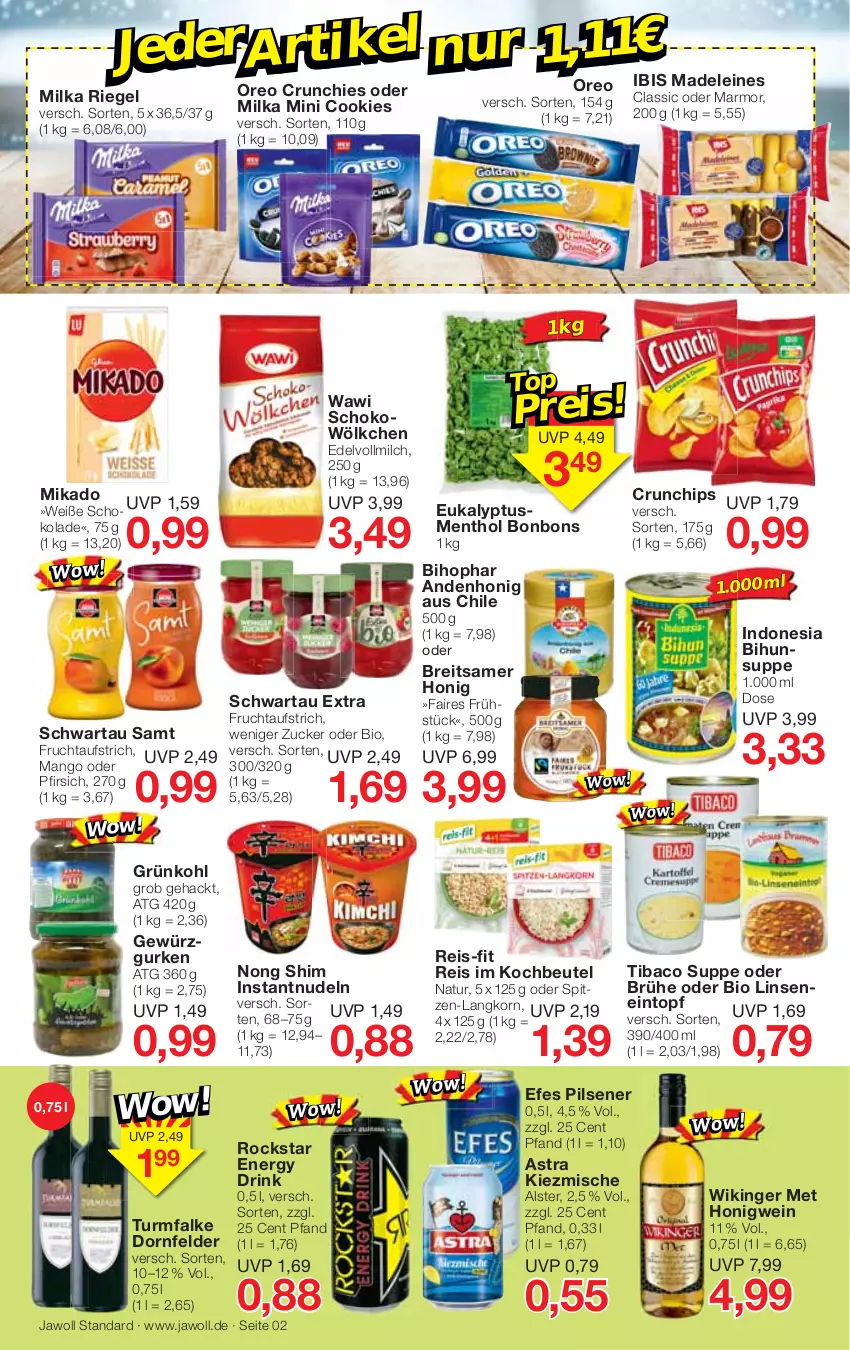 Aktueller Prospekt Jawoll - Prospekte - von 08.01 bis 14.01.2023 - strona 2 - produkty: Astra, aufstrich, beutel, bihophar, bio, bonbons, Brei, Brühe, chips, cookie, cookies, crunchips, dornfelder, drink, eintopf, eis, energy drink, frucht, fruchtaufstrich, gewürz, Gewürzgurke, gewürzgurken, gurke, gurken, honig, kochbeutel, korn, leine, linsen, mango, mikado, milch, milka, natur, nudel, nudeln, oreo, pfirsich, pils, pilsener, reis, reis-fit, riegel, Rockstar, schoko, schokolade, Schwartau, spitzen-langkorn, suppe, Ti, topf, vollmilch, wein, Weiße Schokolade, zucker