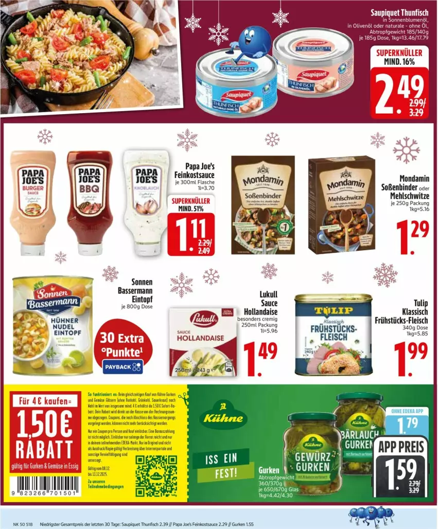 Aktueller Prospekt Edeka - Prospekte - von 08.12 bis 13.12.2025 - strona 20 - produkty: ball, Brei, coupon, eintopf, eis, erde, essig, feinkost, fisch, fleisch, gin, gurke, gurken, hollandaise, Kühne, mehl, mondamin, Papa Joe's, reis, rel, sauce, saupiquet, Soße, thunfisch, Ti, topf, tulip, ZTE