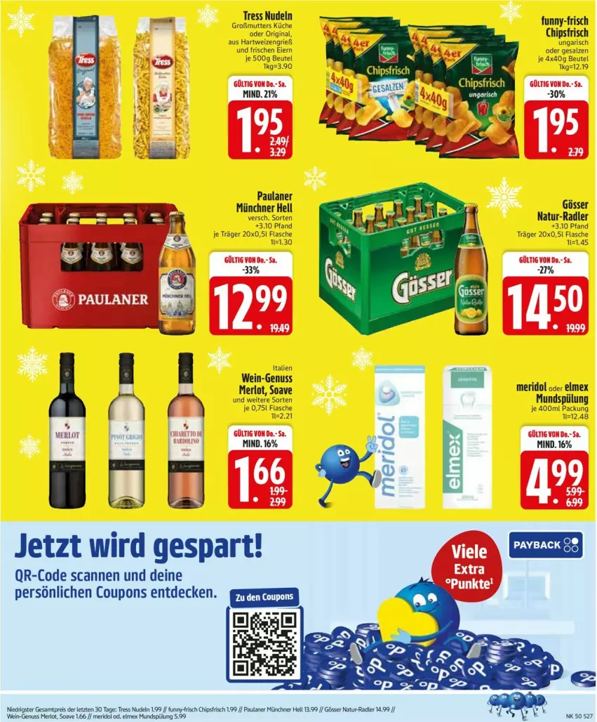 Aktueller Prospekt Edeka - Prospekte - von 08.12 bis 13.12.2025 - strona 29 - produkty: beutel, chips, chipsfrisch, coupon, coupons, decke, eier, eis, elmex, flasche, funny-frisch, gin, gösser, hartweizen, küche, meridol, merl, merlot, mundspülung, natur, nudel, nudeln, nuss, Paula, paulaner, radler, reis, salz, spülung, wein, ZTE