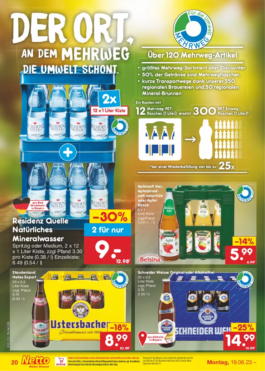 Aktueller Prospekt Netto Marken-Discount - Filial-Angebote - von 19.06 bis 24.06.2023 - strona 20 - produkty: alkohol, Alwa, apfel, Apfeldirektsaft, apfelsaft, auer, Bad, bestpreis, brunnen, direktsaft, discount, eis, elle, flasche, getränk, getränke, gin, kirsch, mineralwasser, natur, natürliches mineralwasser, ndk, reis, rwe, saft, Sport, stauden, Ti, wasser