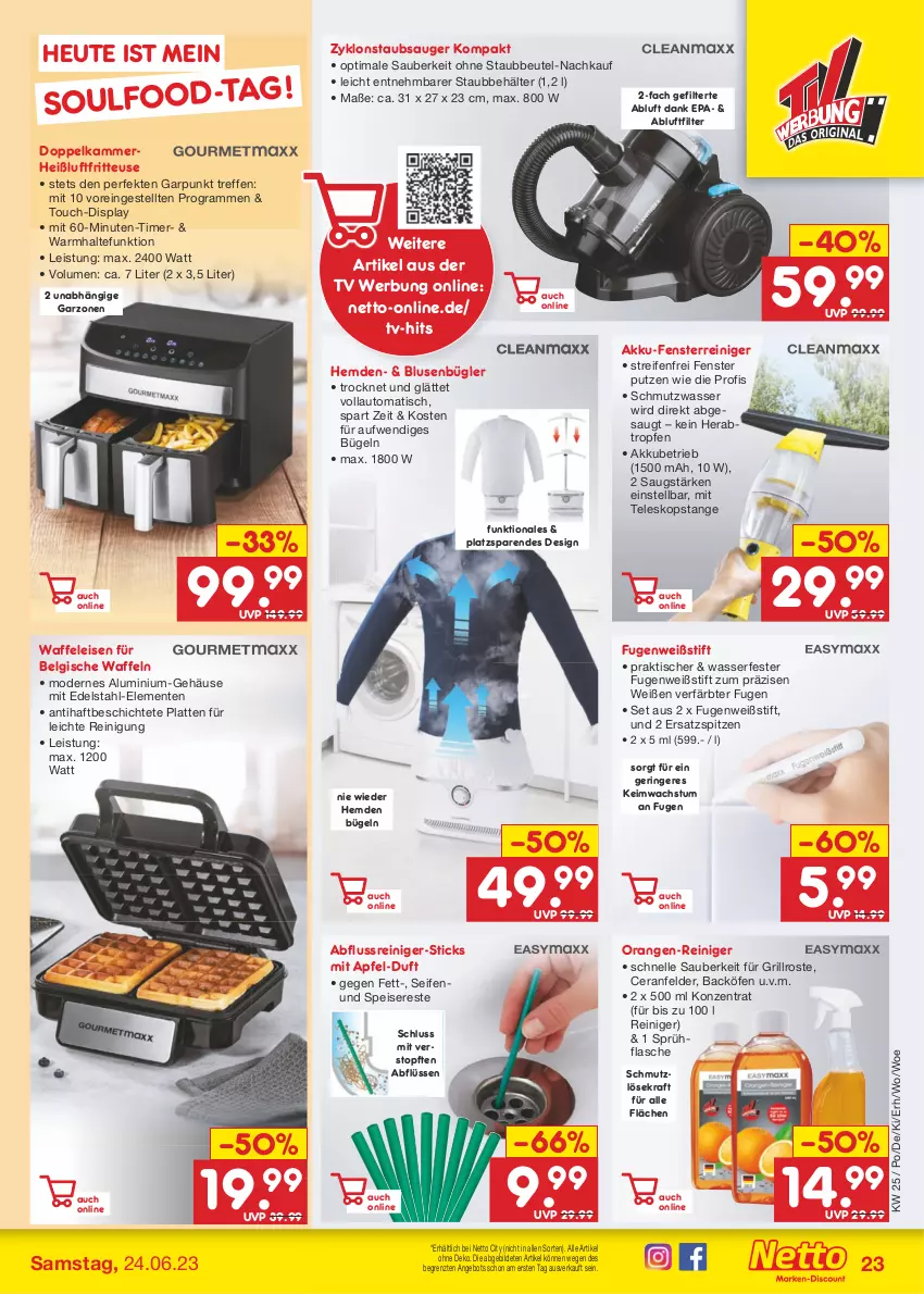 Aktueller Prospekt Netto Marken-Discount - Filial-Angebote - von 19.06 bis 24.06.2023 - strona 23 - produkty: akku, angebot, apfel, auto, Behälter, beutel, bluse, bügel, edelstahl, eis, elle, ente, fenster, flasche, fritteuse, grill, grillrost, Heißluftfritteuse, hemd, hemden, Heu, kraft, latte, LG, Mode, orange, orangen, reifen, reiniger, Reinigung, ring, Seife, sprühflasche, staubbeutel, staubsauger, Teleskop, Ti, timer, tisch, topf, Waffeleisen, waffeln, wasser, ZTE