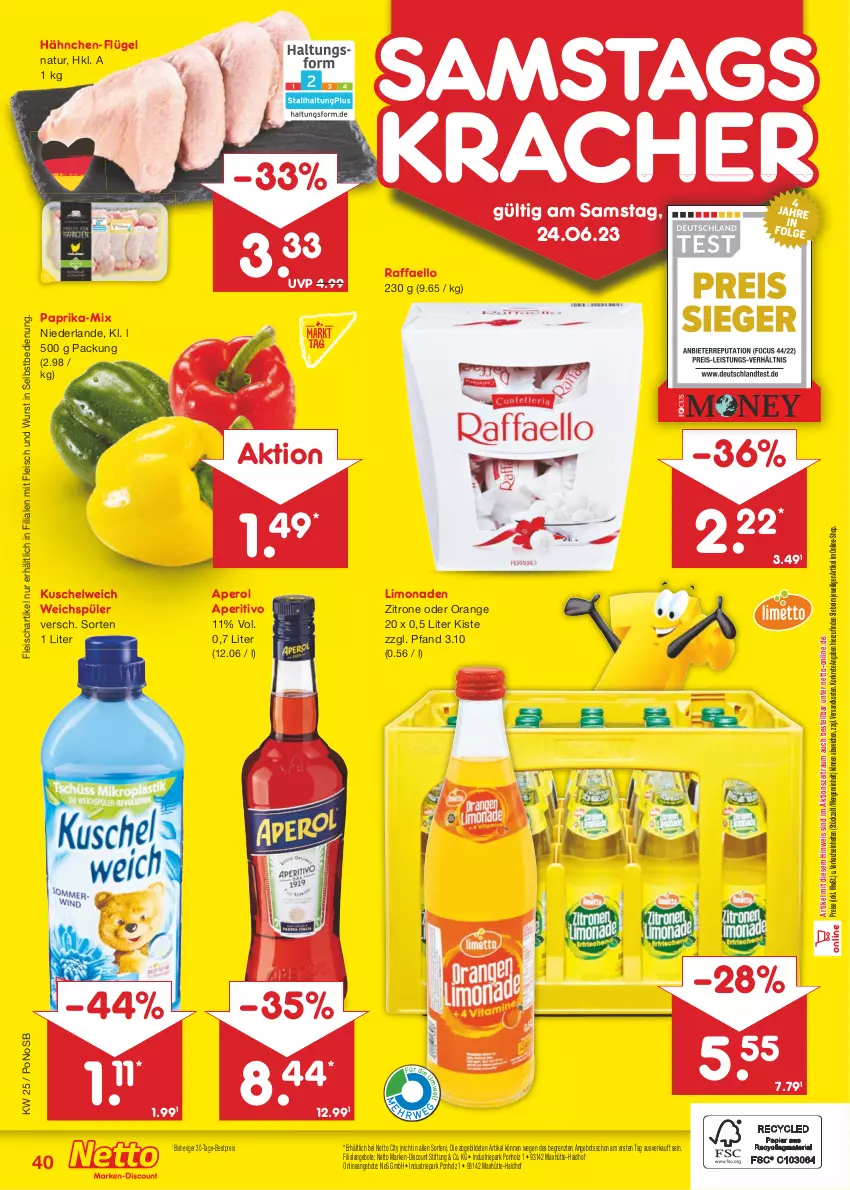 Aktueller Prospekt Netto Marken-Discount - Filial-Angebote - von 19.06 bis 24.06.2023 - strona 40 - produkty: angebot, angebote, aperol, bestpreis, discount, eis, fleisch, Holz, kracher, Kuschelweich, limo, limonade, limonaden, marken-discount, natur, ndk, orange, paprika, raffaello, reis, Ti, weichspüler, wurst, wurst in selbstbedienung, zitrone, ZTE