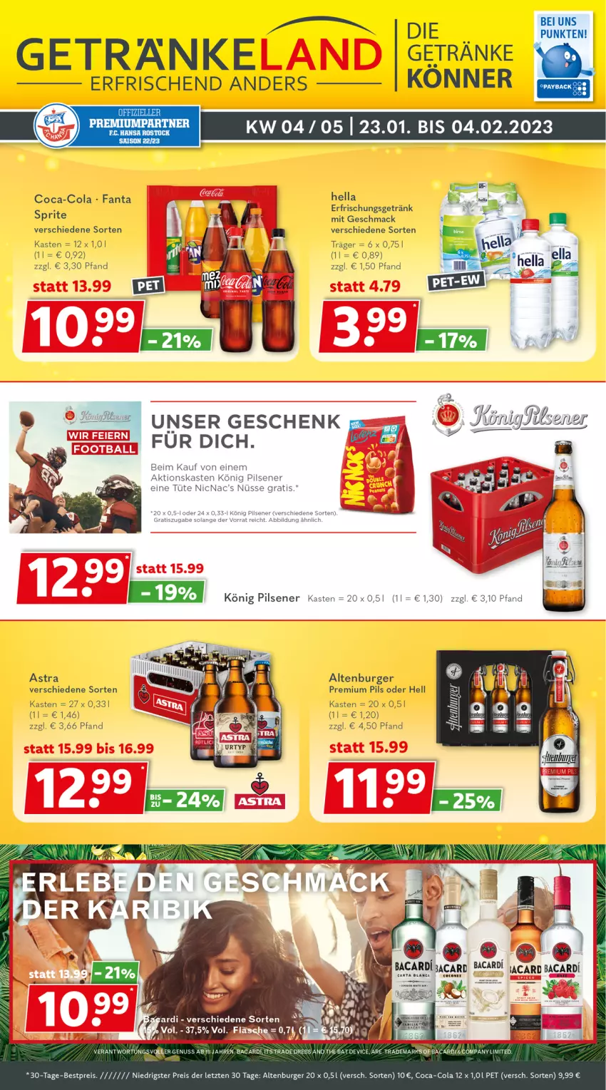 Aktueller Prospekt Getraenkeland - von 23.01 bis 04.02.2023 - strona 1 - produkty: altenburger, Astra, bestpreis, burger, coca-cola, cola, eis, elle, erfrischungsgetränk, fanta, getränk, getränke, hella, könig pilsener, mac, pils, pilsener, premium pils, reis, sprite, Ti, Tüte, ZTE