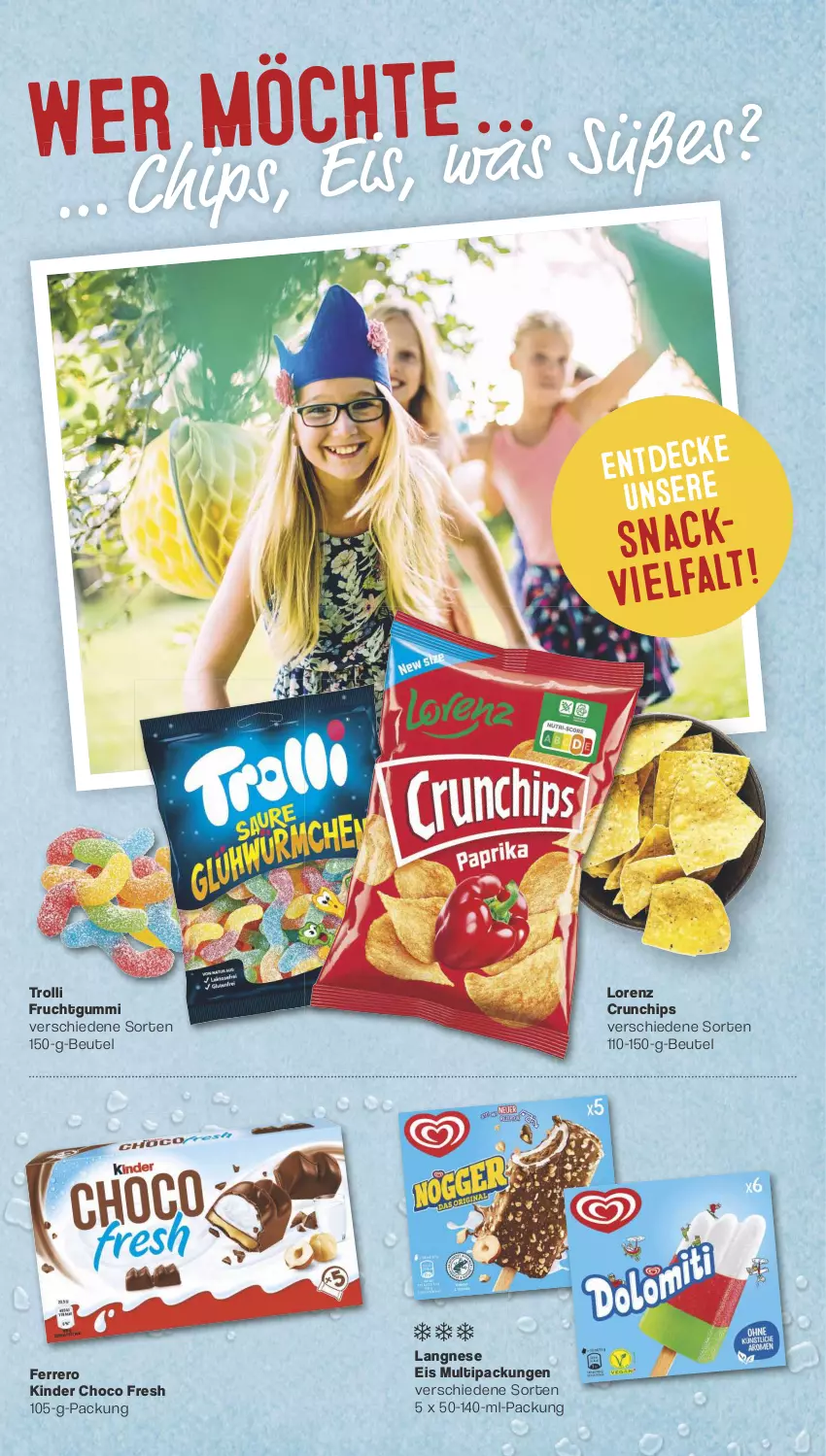 Aktueller Prospekt Famila - Prospekte - von 31.07 bis 05.08.2023 - strona 5 - produkty: beutel, chips, choco fresh, crunchips, decke, eis, ferrero, frucht, fruchtgummi, Kinder, Kinder Choco fresh, langnese, langnese eis, lorenz, lorenz crunchips, snack, Ti, trolli, trolli fruchtgummi