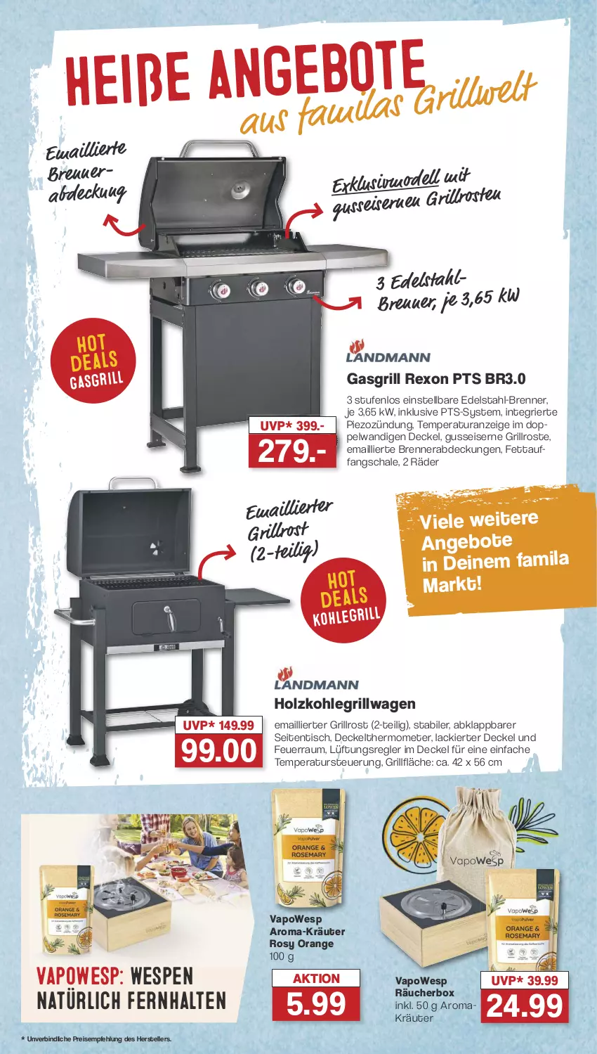 Aktueller Prospekt Famila - Prospekte - von 31.07 bis 05.08.2023 - strona 9 - produkty: angebot, angebote, decke, Deckel, dell, edelstahl, eis, elle, gasgrill, grill, grillfläche, grillrost, Holz, holzkohle, holzkohlegrill, Kohlegrill, kräuter, lack, Mode, orange, reis, Schal, Schale, teller, thermometer, Ti, tisch