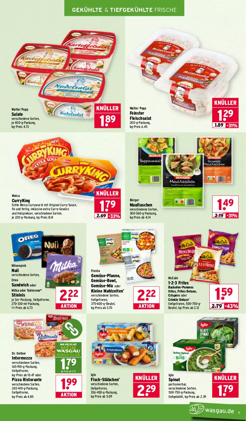 Aktueller Prospekt Wasgau - von 05.01 bis 10.01.2026 - strona 11 - produkty: backofen, beutel, curry, currywurst, Dr. Oetker, eis, fisch, fleisch, fleischsalat, frosta, gemüse-pfanne, gewürz, gin, Holz, iglo, intermezzo, leine, maultaschen, mccain, meica, milka, mövenpick, nuii, Ofen, oreo, pfanne, pizza, pommes, Pommes Frites, Popp, reis, ristorante, salat, salate, sandwich, sauce, spinat, stieleis, Tasche, taschen, Ti, toblerone, wurst