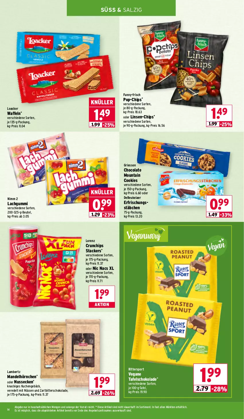 Aktueller Prospekt Wasgau - von 05.01 bis 10.01.2026 - strona 14 - produkty: Amber, angebot, auer, beutel, chips, cola, cookie, cookies, crunchips, debeukelaer, eis, funny-frisch, griesson, hörnchen, kuchen, lachgummi, lambertz, linsen, lorenz, lorenz crunchips, mandel, Nimm 2, nuss, reis, ritter, salz, schoko, schokolade, Sport, tafelschokolade, Ti, waffeln, Zartbitterschokolade