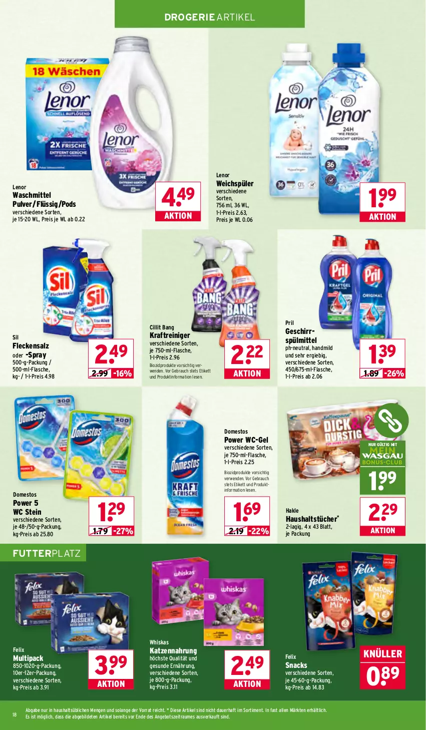 Aktueller Prospekt Wasgau - von 05.01 bis 10.01.2026 - strona 18 - produkty: angebot, auer, bio, biozidprodukte, Cillit, cillit bang, domestos, eis, felix, flasche, geschirr, geschirrspülmittel, hakle, haushaltstücher, katzennahrung, kraft, lenor, lenor waschmittel, Pods, pril, Rauch, reiniger, reis, rwe, salz, snack, snacks, spülmittel, Ti, tücher, waschmittel, wc-gel, weichspüler, whiskas