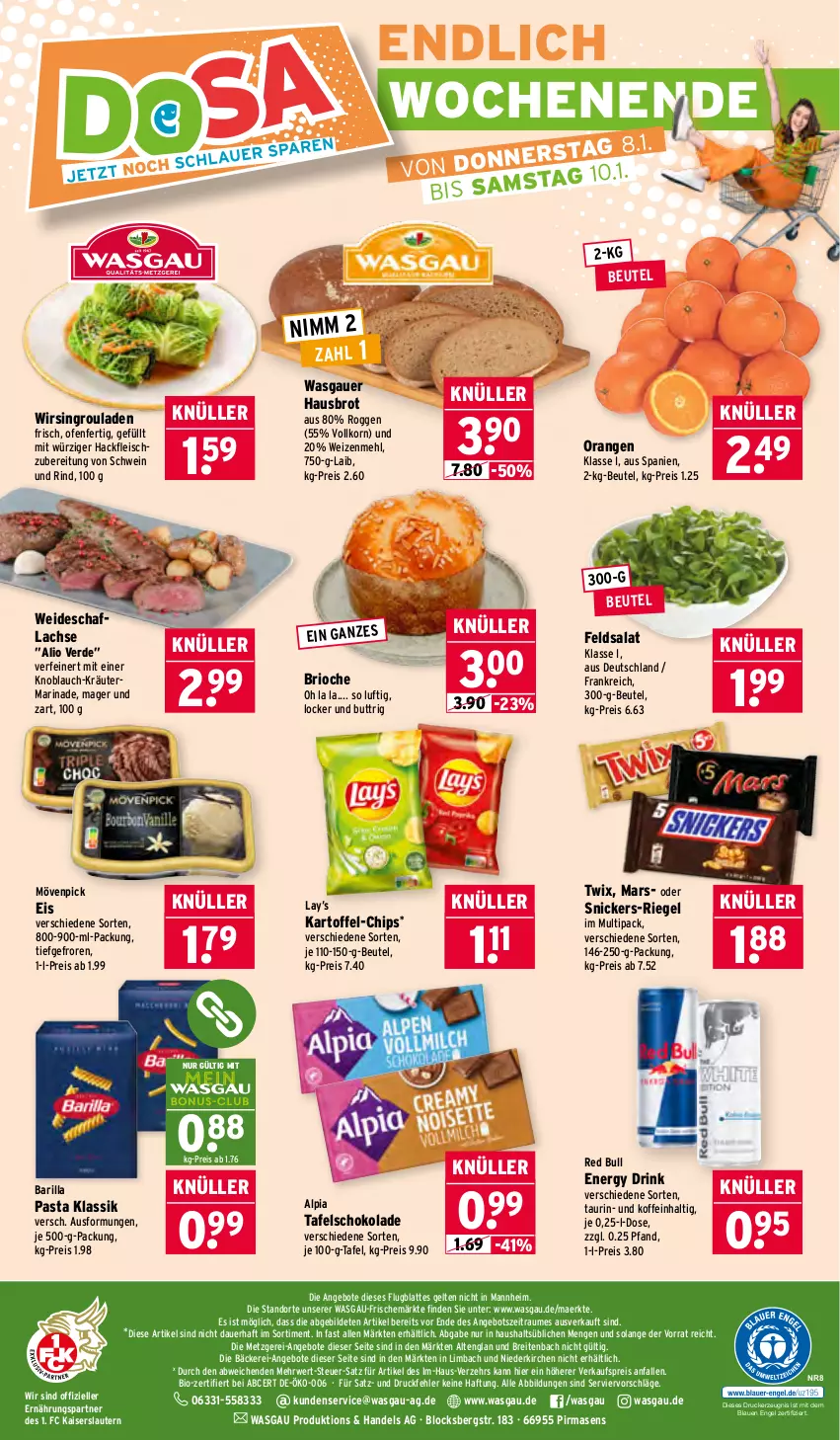 Aktueller Prospekt Wasgau - von 05.01 bis 10.01.2026 - strona 24 - produkty: alpia, angebot, angebote, auer, barilla, beutel, bio, Brei, brot, chips, drink, drucker, eis, elle, energy drink, Engel, erde, feldsalat, fleisch, hackfleisch, Kaiser, kartoffel, kerze, knoblauch, korn, kräuter, lachs, latte, marinade, mars, mehl, mövenpick, Nimm 2, Ofen, orange, orangen, pasta, red bull, reis, riegel, rind, rouladen, rwe, salat, schoko, schokolade, schwein, schwein und rind, snickers, tafelschokolade, Ti, twix, usb, wein, weizenmehl, Wirsing