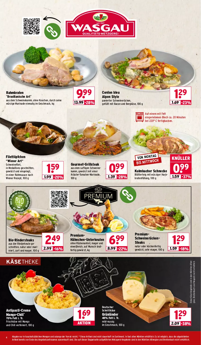 Aktueller Prospekt Wasgau - von 05.01 bis 10.01.2026 - strona 4 - produkty: angebot, angebote, antipasti, asti, auer, bacon, Bergkäse, bio, blätterteig, braten, Brei, chili, cordon bleu, creme, deutscher schnittkäse, eis, filet, fleisch, frischkäse, gewürz, grill, grünländer, Hähnchen-Unterkeulen, Käse, käsetheke, kräuter, küche, Küchen, mac, mango, marinade, medaillons, natur, nuss, rezept, rind, rinder, Rinderkeule, Rindersteak, Rückensteak, rückensteaks, saft, sauce, schnitten, schnittkäse, schwein, schweine, schweinefilet, schweinerücken, steak, steaks, Ti, tomate, tomaten, Töpfchen, wein, weine, wiener