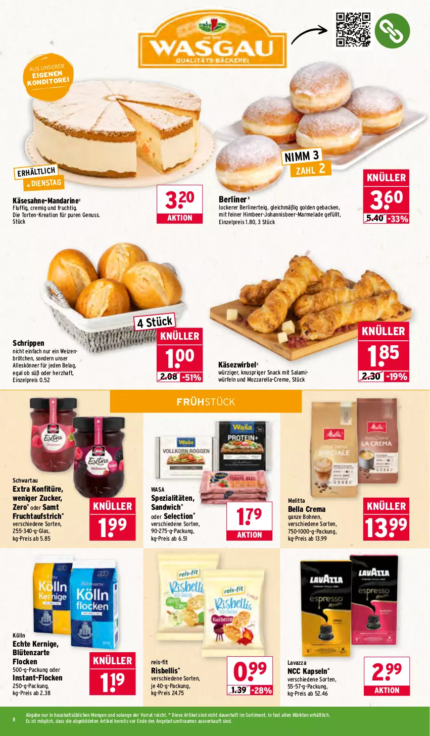 Aktueller Prospekt Wasgau - von 05.01 bis 10.01.2026 - strona 8 - produkty: angebot, auer, aufstrich, bella crema, berliner, Blüte, bohne, bohnen, brötchen, creme, eis, frucht, fruchtaufstrich, geback, himbeer, Käse, Käsezwirbel, kölln, konfitüre, lavazza, mandarine, marmelade, melitta, mozzarella, nuss, reis, reis-fit, rel, Rippen, sahne, salami, sandwich, Schwartau, snack, Spezi, Ti, torte, wasa, weizenbrötchen, würfel, zucker