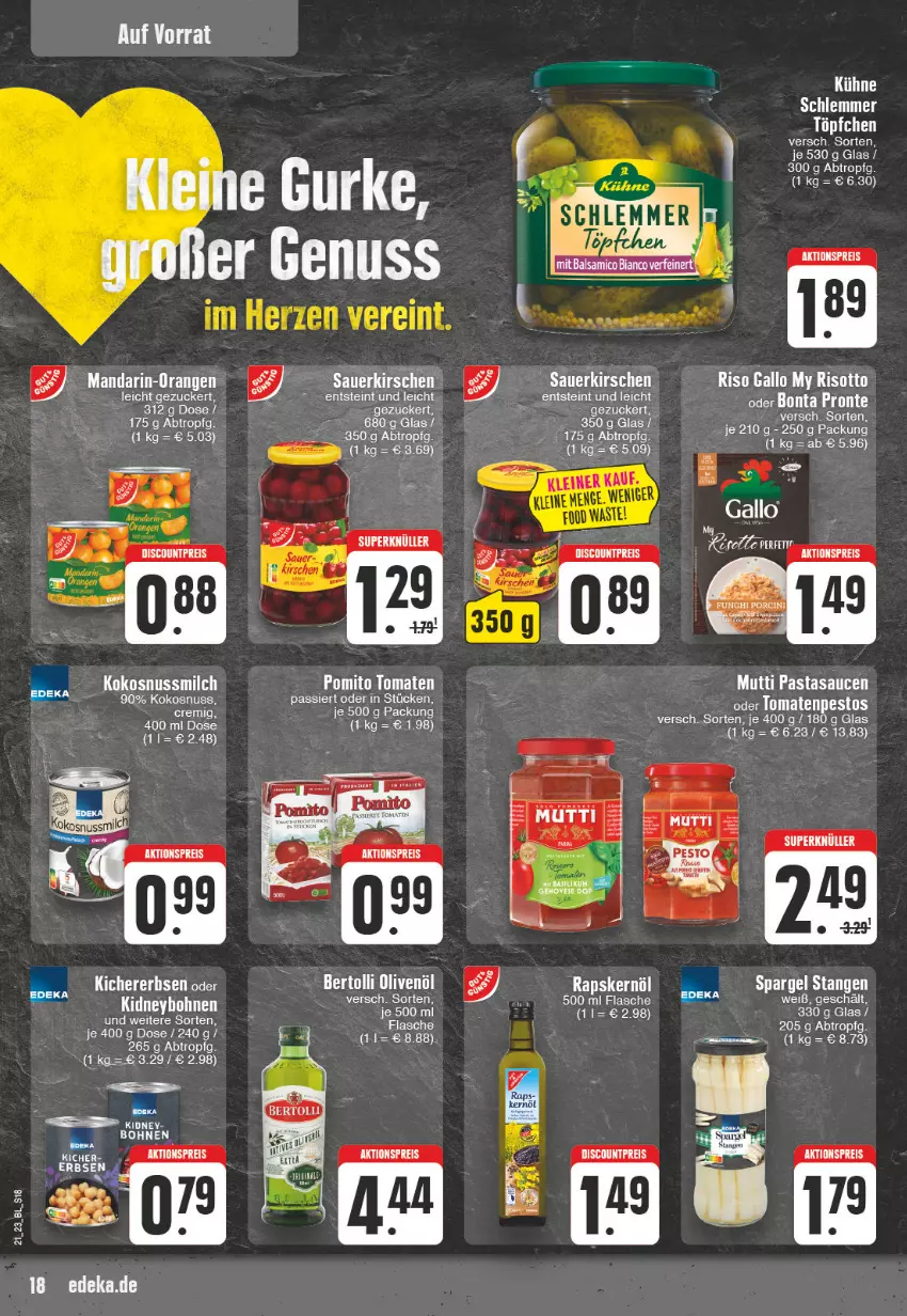 Aktueller Prospekt E Center - Angebote der Woche - von 22.05 bis 27.05.2023 - strona 18 - produkty: aktionspreis, auer, balsam, balsamico, balsamico bianco, bertolli, bett, deka, eis, erbsen, flasche, gallo, gurke, kerze, kichererbsen, kirsch, kirsche, kirschen, kokos, kokosnuss, Kokosnussmilch, Kühne, leine, milch, Mutti, nuss, olive, oliven, olivenöl, pasta, pesto, pfeffer, reis, sauce, saucen, sauerkirschen, spargel, tee, Ti, tomate, tomaten, Töpfchen, zucker