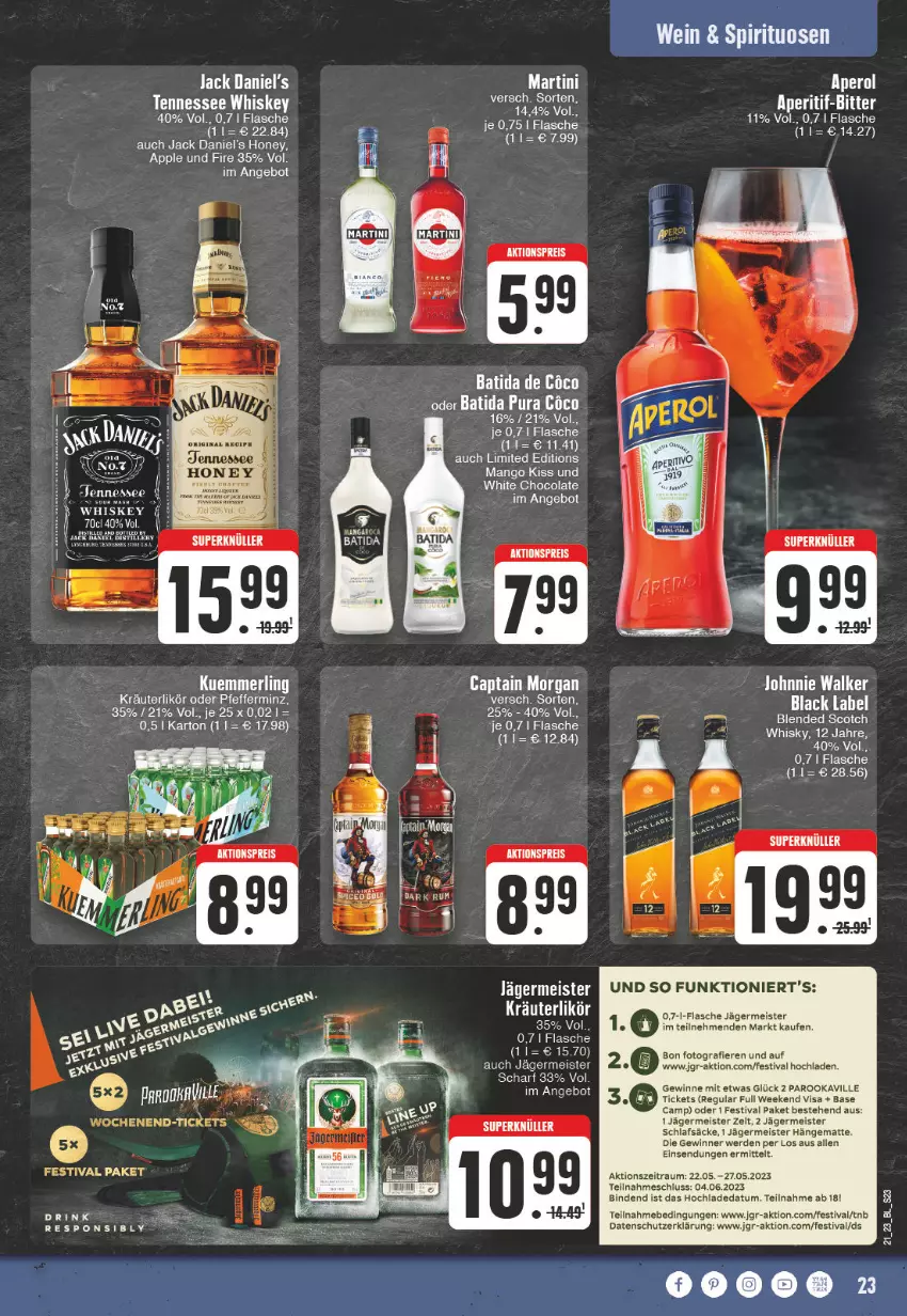 Aktueller Prospekt E Center - Angebote der Woche - von 22.05 bis 27.05.2023 - strona 23 - produkty: aktionspreis, angebot, aperol, Apple, batida, bett, binden, black label, blended scotch, Cap, captain morgan, eier, eis, erde, flasche, Germ, hängematte, jack daniel, jack daniel's, Jack Daniel’s, jägermeister, johnnie walker, kräuter, kräuterlikör, kuemmerling, lack, LG, likör, mango, martini, Meister, merl, pfeffer, reis, scotch, spirituosen, tennessee whiskey, Ti, wein, whiskey, whisky, Zelt