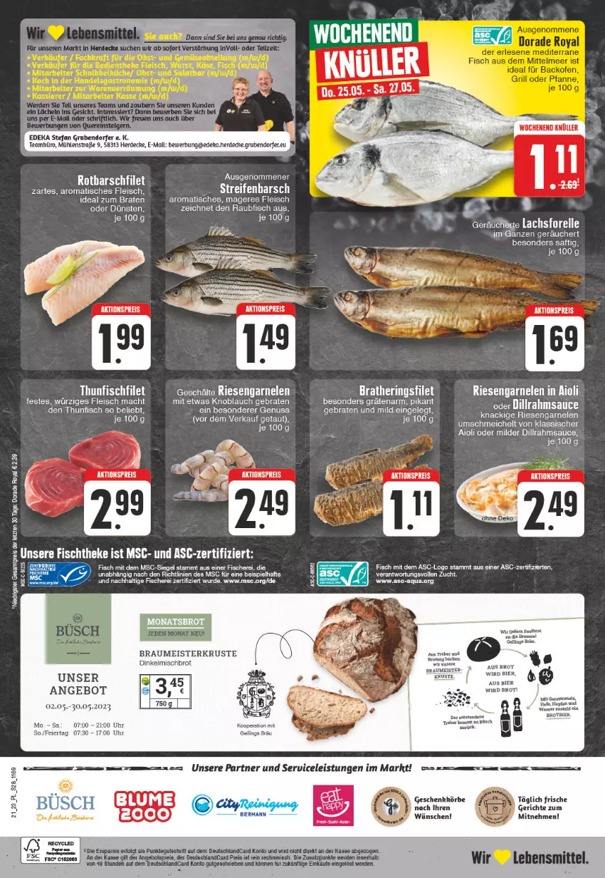 Aktueller Prospekt E Center - Angebote der Woche - von 22.05 bis 27.05.2023 - strona 28 - produkty: aioli, aktionspreis, angebot, aqua, auer, bier, blume, braten, brot, deka, eier, eis, erde, filet, fisch, fische, Fischer, fischtheke, fleisch, garnelen, Hefe, hering, Herings, ideal zum braten, knoblauch, LG, mac, malz, Meister, nuss, obst, reifen, reis, riesengarnelen, ring, Rotbarsch, rotbarschfilet, saft, sauce, Schere, tee, thunfisch, Ti, tisch, uhr, wasser