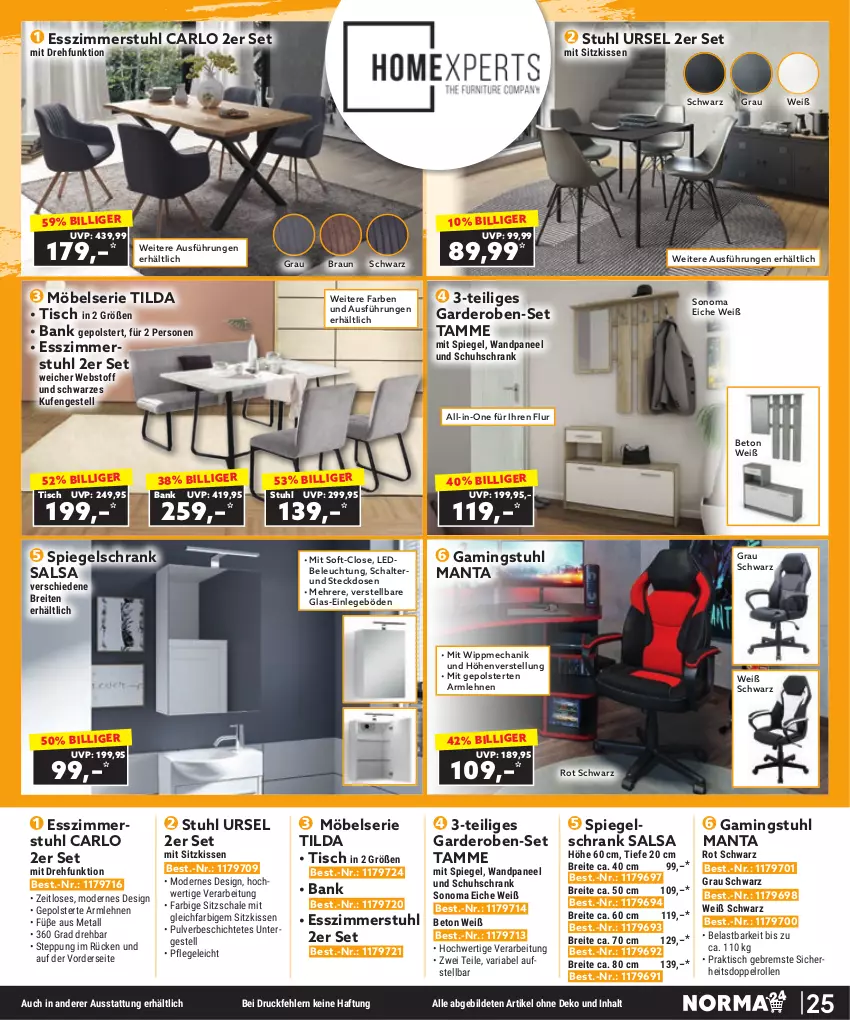 Aktueller Prospekt Norma - Norma - von 01.09 bis 30.09.2023 - strona 25 - produkty: arlo, armlehnen, Bank, beleuchtung, braun, Brei, Esszimmer, Garderobe, kissen, Manta, möbel, Mode, paneel, Ria, Salsa, Schal, Schale, Schrank, schuhschrank, sitzkissen, sonoma eiche, spiegel, spiegelschrank, steckdose, stuhl, Ti, tisch