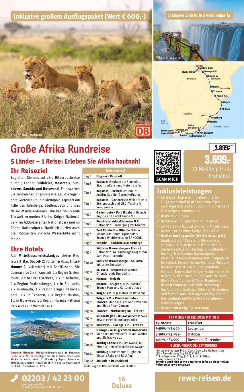 Aktueller Prospekt Rewe Reisen - Reiseprospekt - von 29.05 bis 26.06.2026 - strona 16 - produkty: amaro, ambia, asti, Bad, bosch, buch, deutschsprachige reiseleitung, dusche, eis, Elefant, elle, Garten, inklusivleistungen, krüger, likör, mandel, Metro, rama, reis, reiseverlauf, rel, Ria, rwe, SANTE, sim, simba, Ti, Tiere, uhr, underberg, wasser, wein, Wild, Yo
