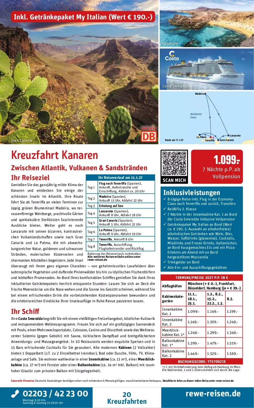 Aktueller Prospekt Rewe Reisen - Reiseprospekt - von 29.05 bis 26.06.2026 - strona 20 - produkty: alkohol, angebot, Bad, balkonkabine, bett, Betten, bier, blume, blumen, Brei, buch, cocktail, cocktails, decke, drink, drinks, dusche, eis, elle, ente, erde, fenster, fisch, fische, Fischer, getränk, getränke, Glastür, harman, inklusivleistungen, kreuzfahrten, mac, meerblickkabine, Mode, mozzarella, natur, pizza, pool, reis, reiseverlauf, rel, Ria, senf, Sport, Ti, tisch, uhr, usb, Vegeta, wasser, weck, wein