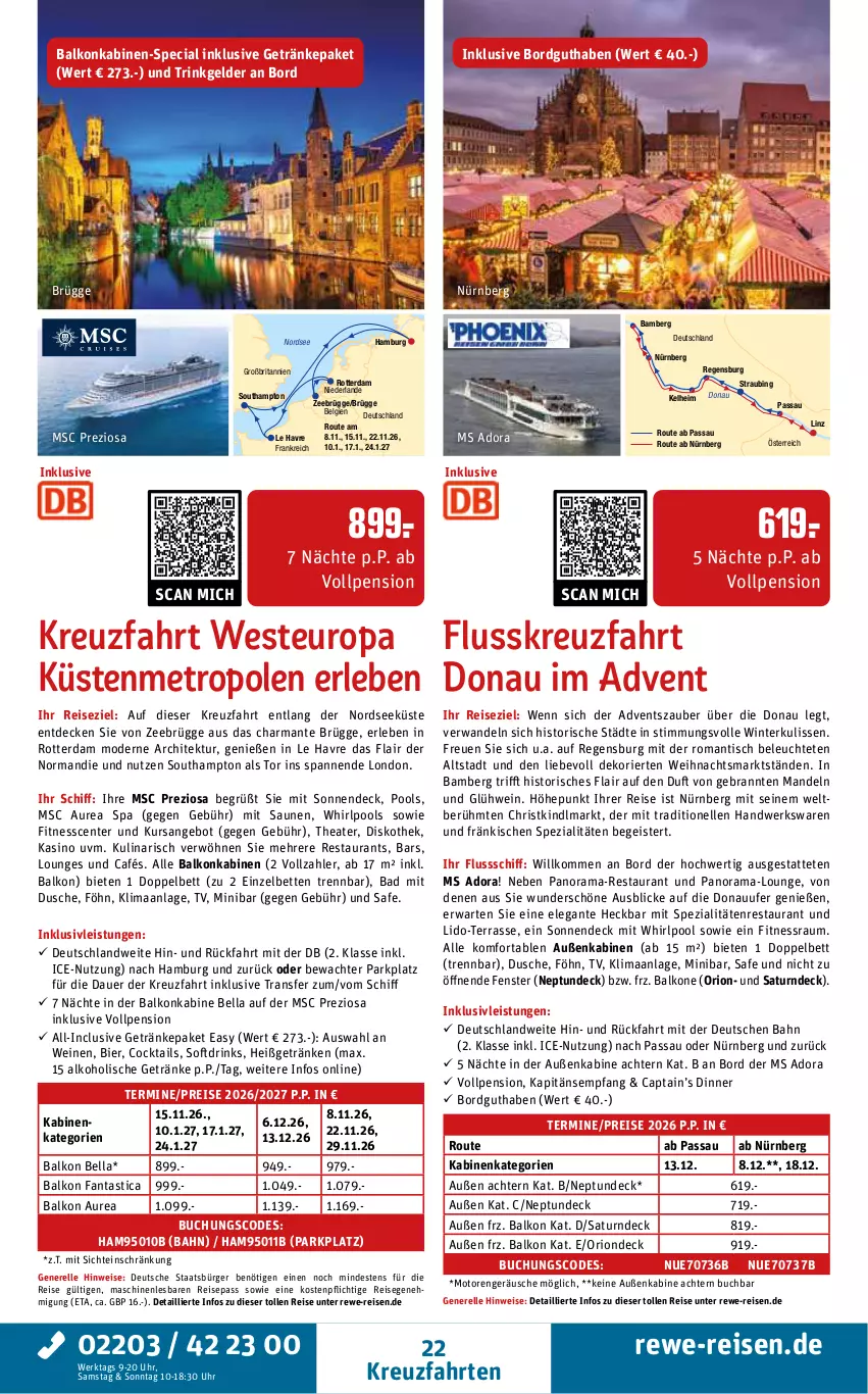 Aktueller Prospekt Rewe Reisen - Reiseprospekt - von 29.05 bis 26.06.2026 - strona 22 - produkty: alkohol, alkoholische getränke, Amber, angebot, asti, auer, Bad, balkonkabine, bett, Betten, bier, brita, buch, Cap, cocktail, cocktails, decke, drink, drinks, dusche, eis, elle, ente, fanta, fenster, getränk, getränke, Glühwein, harman, inklusivleistungen, kreuzfahrten, Leuchte, LG, mandel, mandeln, Metro, Mode, Nordsee, pool, rama, reis, rel, Spezi, Thea, Ti, tisch, uhr, usb, wein, weine, Weste, Whirlpool