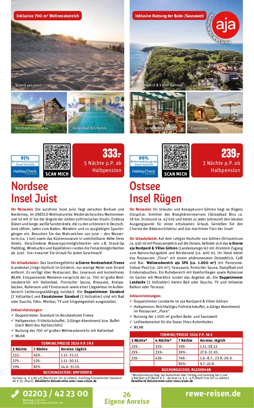 Aktueller Prospekt Rewe Reisen - Reiseprospekt - von 29.05 bis 26.06.2026 - strona 26 - produkty: angebot, auer, auto, axe, Bad, Bademantel, bio, buch, dusche, eis, ente, Garten, inklusivleistungen, Kajak, kneipp, küche, Küchen, kurtaxe, LG, Liege, mab, mac, Mantel, natur, Nordsee, pool, rama, reis, rum, Sport, Surf, Ti, uhr, wasser, Wassersport, wellnessbereich