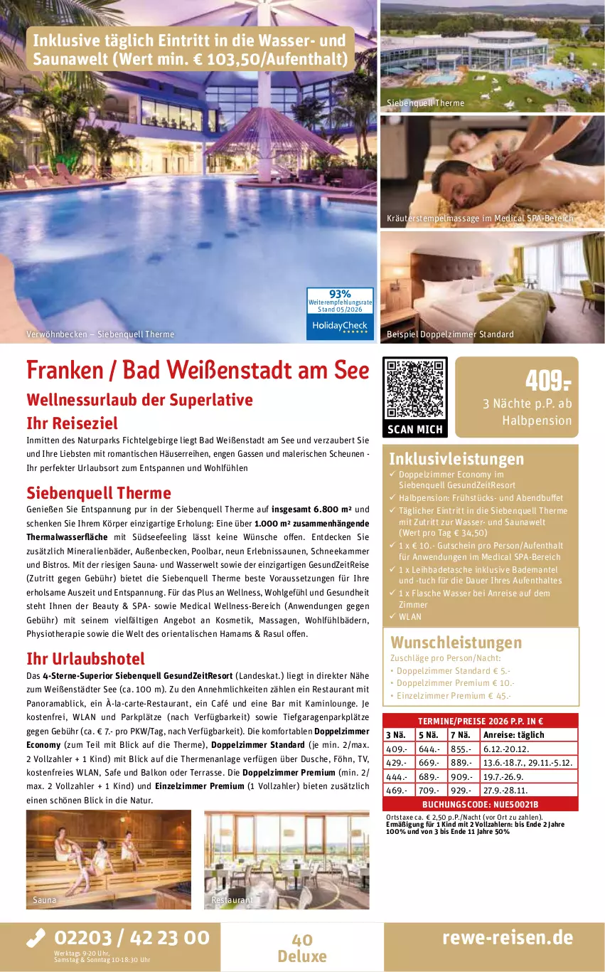 Aktueller Prospekt Rewe Reisen - Reiseprospekt - von 29.05 bis 26.06.2026 - strona 40 - produkty: Alwa, angebot, auer, axe, Bad, Bademantel, buch, decke, dusche, eis, flasche, Gesundheit, gutschein, hama, Heu, inklusivleistungen, Kamin, kosmetik, kräuter, LG, mab, mam, Mantel, natur, perla, pool, rama, reis, rwe, Tasche, Ti, tisch, tuc, uhr, wasser