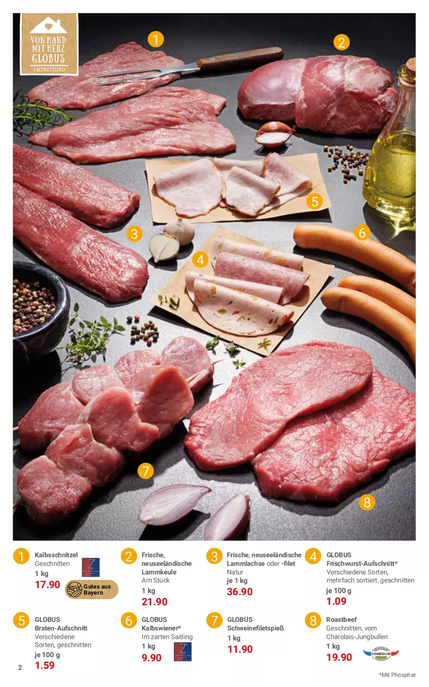 Aktueller Prospekt Globus - Prospekte - von 27.03 bis 08.04.2023 - strona 2 - produkty: aufschnitt, beef, braten, frischwurst-aufschnitt, im zarten saitling, jungbullen, kalbsschnitzel, lachs, lamm, lammkeule, lammlachse, natur, roastbeef, schnitten, schnitzel, schwein, schweine, Ti, wein, weine, wiener, wurst