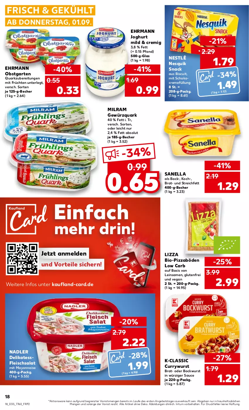 Aktueller Prospekt Kaufland - von 01.09 bis 07.09.2022 - strona 18 - produkty: angebot, Becher, bio, bockwurst, creme, curry, currywurst, ehrmann, eis, fleisch, fleischsalat, früchte, früchten, Garten, gewürz, gewürzquark, joghur, joghurt, joghurt mild, mayonnaise, milram, nadler, nesquik, nestlé, obst, obstgarten, pizza, quark, salat, sauce, schoko, snack, Ti, wurst, Yo, ZTE