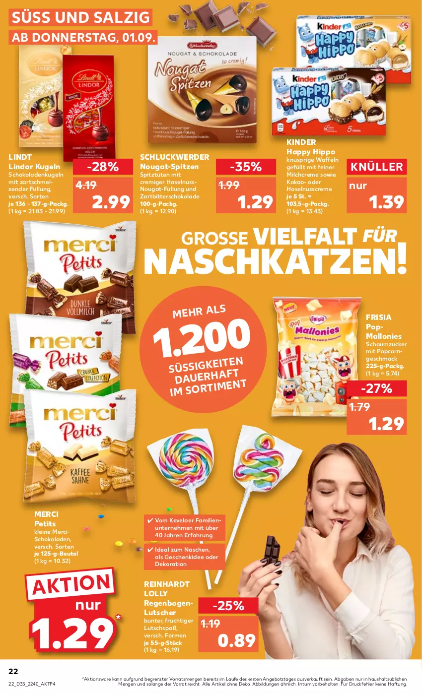 Aktueller Prospekt Kaufland - von 01.09 bis 07.09.2022 - strona 22 - produkty: angebot, auer, beutel, creme, dekoration, erde, frucht, haselnuss, Haselnusscreme, hipp, kakao, Kinder, Kugel, leine, lindor, lindt, Lutscher, mac, merci, milch, nuss, popcorn, salz, Schaumzucker, schoko, schokolade, schokoladen, Ti, Tüte, waffeln, Zartbitterschokolade, ZTE, zucker