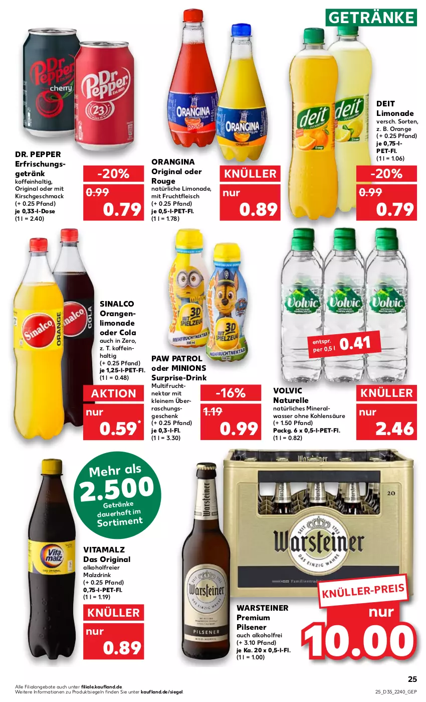 Aktueller Prospekt Kaufland - von 01.09 bis 07.09.2022 - strona 25 - produkty: alkohol, Alwa, angebot, angebote, auer, cola, deit, drink, eier, eis, elle, fleisch, frucht, fruchtfleisch, getränk, getränke, gin, kirsch, leine, limo, limonade, mac, malz, mineralwasser, mit frucht, natur, natürliches mineralwasser, Nektar, orange, orangen, orangina, Paw Patrol, pils, pilsener, premium pils, rel, rouge, sinalco, steiner, Ti, vita, vitamalz, volvic, warsteiner, wasser