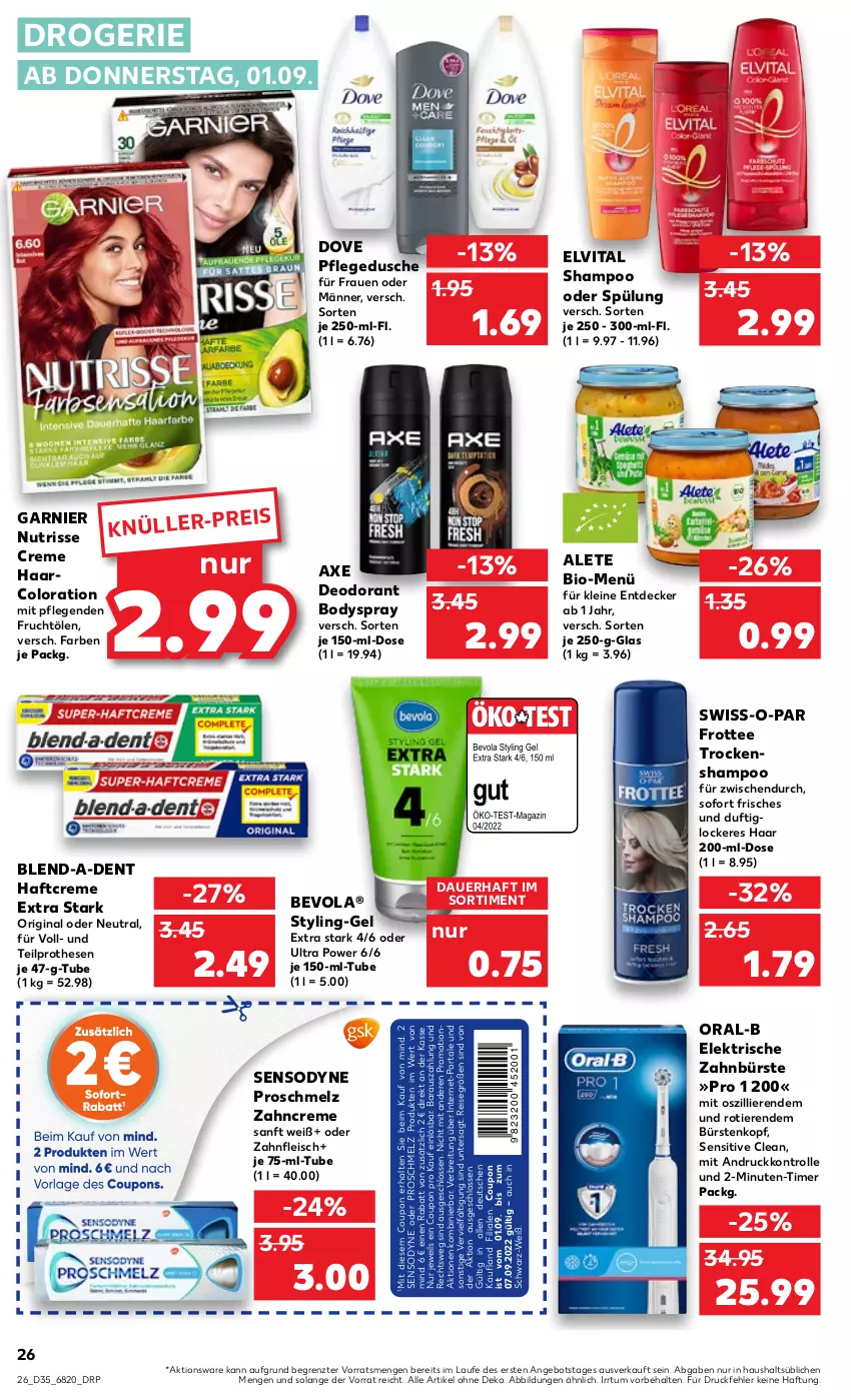 Aktueller Prospekt Kaufland - von 01.09 bis 07.09.2022 - strona 26 - produkty: angebot, auer, axe, bio, body, bodyspray, Brei, bürste, bürsten, coupon, creme, decke, deo, deodorant, dove, dusche, eis, elektrische zahnbürste, elvital, fleisch, frucht, garnier, gin, Haftcreme, iglo, leine, Nutrisse, oral-b, pflegedusche, reis, sensodyne, shampoo, shampoo oder spülung, spülung, Swiss-o-Par, tee, Ti, Tiere, timer, Trockenshampoo, vita, zahnbürste, zahncreme, ZTE