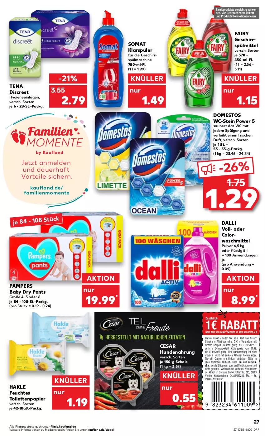 Aktueller Prospekt Kaufland - von 01.09 bis 07.09.2022 - strona 27 - produkty: angebot, angebote, auer, colorwaschmittel, dalli, Discreet, domestos, ente, fairy, feuchtes toilettenpapier, geschirr, geschirrspülmittel, hakle, hundenahrung, klarspüler, LG, pampers, pampers baby dry, Pants, papier, Schal, Schale, somat, spülmittel, Ti, toilettenpapier, waschmittel