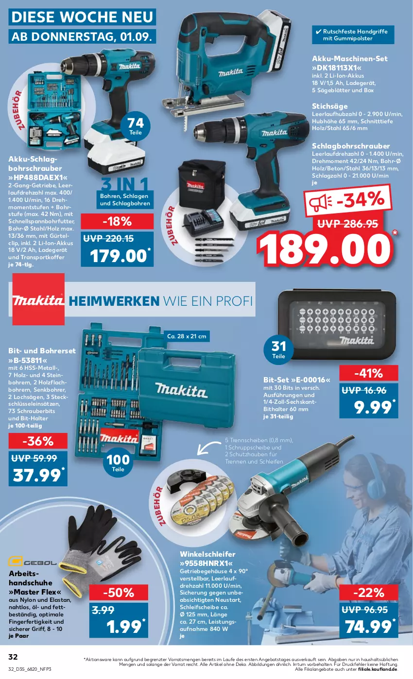 Aktueller Prospekt Kaufland - von 01.09 bis 07.09.2022 - strona 32 - produkty: akku, Akku-Schlagbohrschrauber, angebot, angebote, Bohrerset, Bohrschrauber, eis, handschuhe, Holz, HP, koffer, ladegerät, LG, li-ion-akku, säge, schuhe, Sport, stichsäge, Ti, Winkelschleifer, ZTE