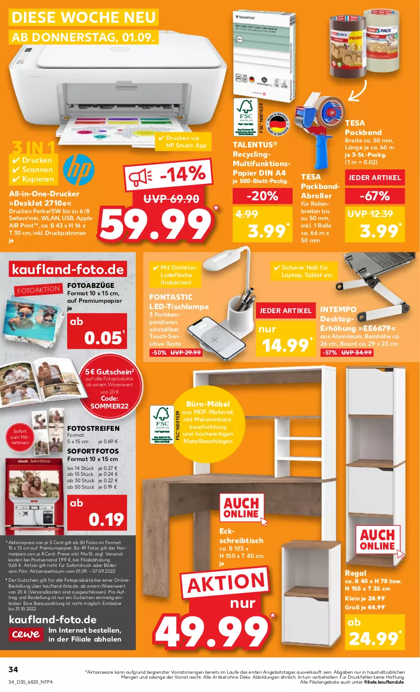 Aktueller Prospekt Kaufland - von 01.09 bis 07.09.2022 - strona 34 - produkty: aktionspreis, angebot, angebote, Apple, asti, Brei, Clin, din a4, Draht, drucker, eis, elle, gutschein, HP, Lampe, Laptop, möbel, ndk, Packband, papier, regal, reifen, reis, Ria, Roller, schreibtisch, tablet, Tempo, tesa, Ti, tisch, Tischlampe, usb, ZTE