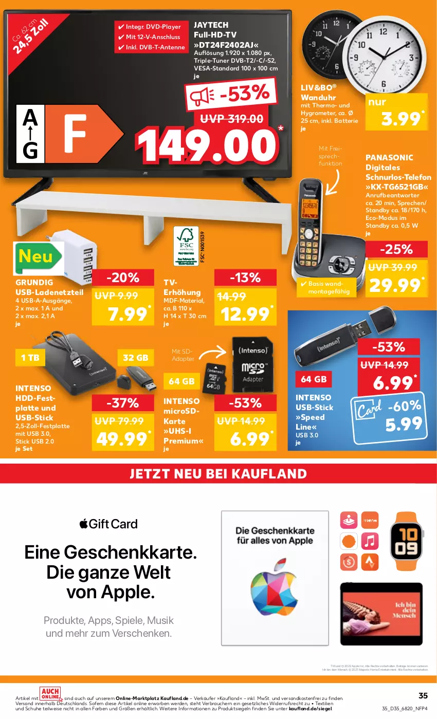 Aktueller Prospekt Kaufland - von 01.09 bis 07.09.2022 - strona 35 - produkty: adapter, Apple, batterie, dvb, DVB-T, dvd, eis, ente, erde, festplatte, Grom, grundig, HDD, Hygrometer, intenso, latte, microsd, ndk, panasonic, Rauch, reis, Ria, schuhe, spee, Spiele, telefon, Ti, tuner, uhr, usb, versandkostenfrei, wanduhr, ZTE