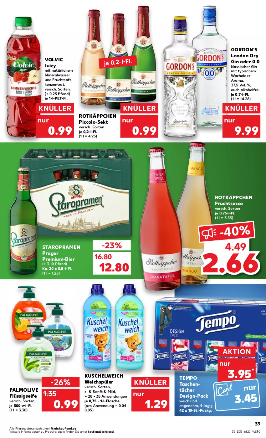 Aktueller Prospekt Kaufland - von 01.09 bis 07.09.2022 - strona 39 - produkty: alkohol, Alwa, angebot, angebote, bier, dry gin, ecco, flasche, flüssigseife, frucht, fruchtsaft, fruchtsecco, gin, gordon, gordon's, Kuschelweich, london dry, london dry gin, mineralwasser, olive, palmolive, rotkäppchen, saft, Seife, sekt, Staropramen, Tasche, taschen, taschentücher, Tempo, Ti, tücher, volvic, wasser, weichspüler