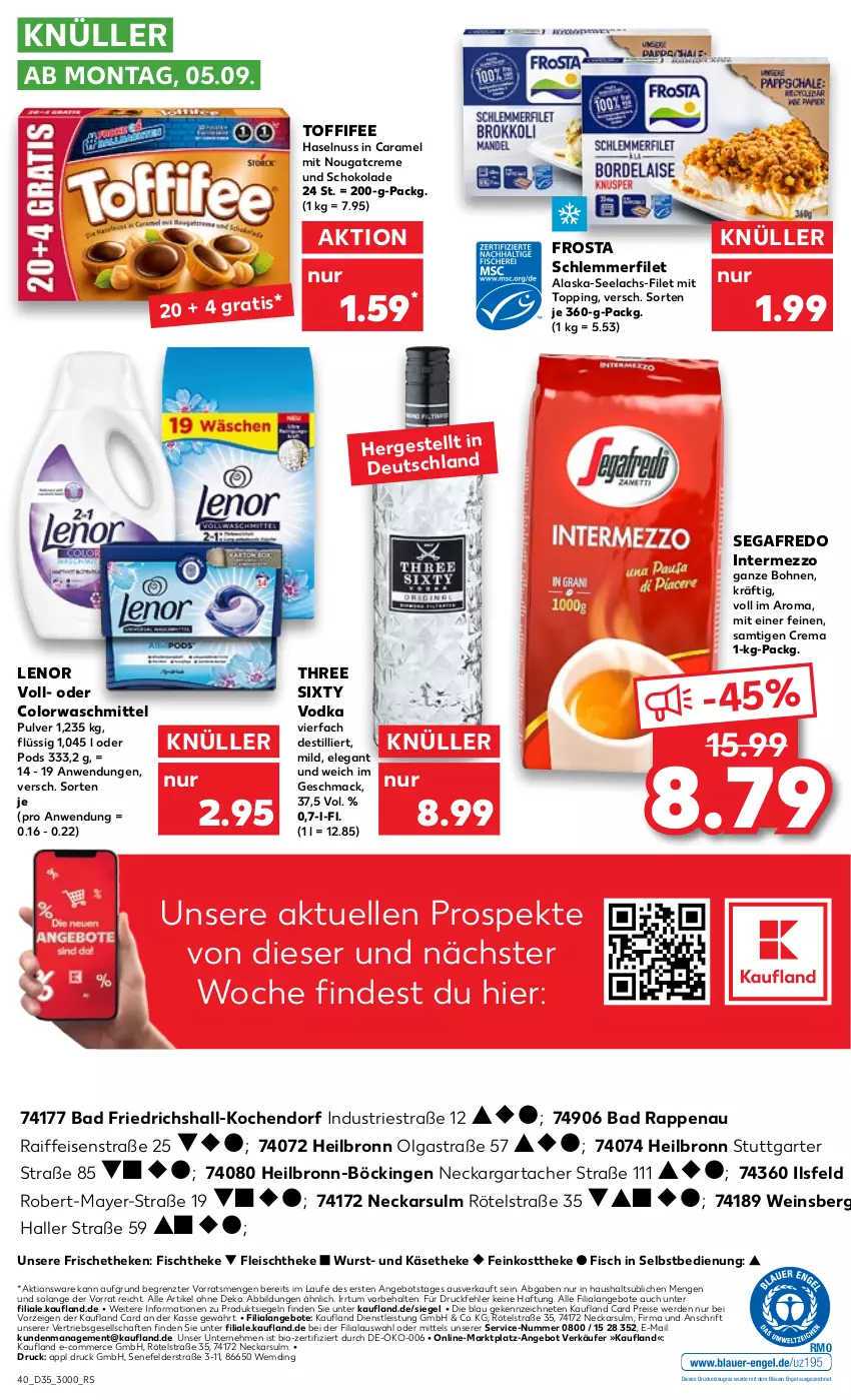 Aktueller Prospekt Kaufland - von 01.09 bis 07.09.2022 - strona 40 - produkty: Alaska-Seelachs, angebot, angebote, Astra, Bad, bio, bohne, bohnen, caramel, colorwaschmittel, creme, drucker, eis, elle, Engel, erde, feinkost, feinkosttheke, filet, fisch, fischtheke, fleisch, frosta, haselnuss, intermezzo, Käse, käsetheke, kerze, lachs, lenor, LG, mac, Nougatcreme, nuss, Pods, reis, schlemmerfilet, schoko, schokolade, Segafredo, Three Sixty, Ti, toffifee, vodka, waschmittel, wein, wurst, ZTE