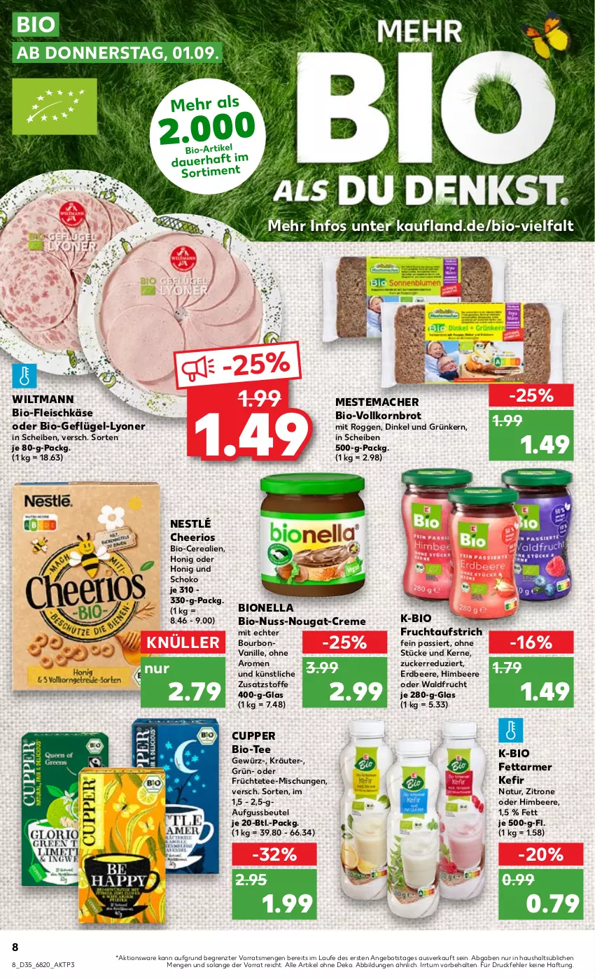 Aktueller Prospekt Kaufland - von 01.09 bis 07.09.2022 - strona 8 - produkty: angebot, aufstrich, beere, beutel, bio, bourbon, bourbonvanille, brot, cerealien, creme, eis, erdbeere, fleisch, fleischkäse, frucht, fruchtaufstrich, früchte, Früchtetee, Geflügel, gewürz, himbeer, himbeere, honig, Käse, Kefir, korn, Kornbrot, kräuter, lyoner, mac, mestemacher, natur, nestlé, nuss, nuss-nougat-creme, schoko, tee, Ti, vanille, vollkornbrot, wiltmann, Yo, zitrone, ZTE, zucker