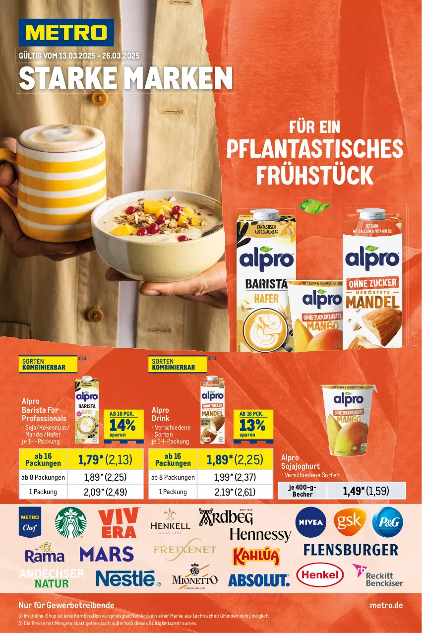 Aktueller Prospekt Metro - Starke Marken - von 13.03 bis 26.03.2025 - strona 1 - produkty: alpro, Becher, drink, eis, hafer, joghur, joghurt, kokos, kokosnuss, mandel, Metro, nuss, reis, soja, Sojajoghurt, Ti