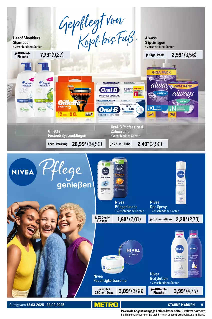 Aktueller Prospekt Metro - Starke Marken - von 13.03 bis 26.03.2025 - strona 9 - produkty: Alwa, Always, Ardbeg, body, bodylotion, bügel, bügelflasche, burger, Cognac, creme, deo, deo spray, dusche, feuchtigkeitscreme, flasche, flensburger, fusion5, getränk, getränke, gillette, Lotion, nivea, oral-b, Palette, pflegedusche, pils, pilsener, scotch, scotch whisky, shampoo, single malt, slip, slipeinlagen, Systemklingen, Ti, whisky, zahncreme