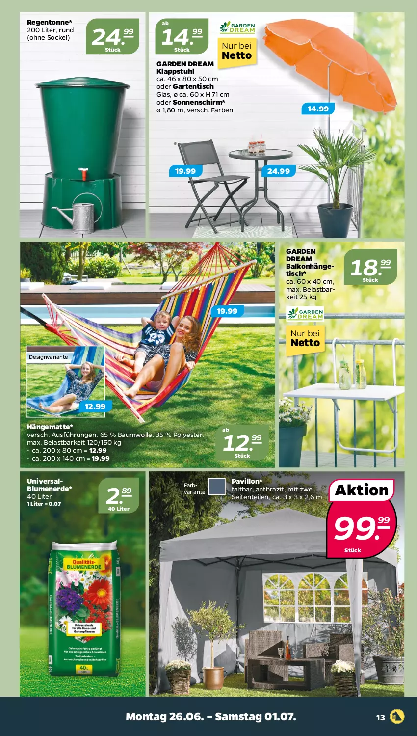 Aktueller Prospekt Netto - Woche 26 - von 26.06 bis 01.07.2023 - strona 13 - produkty: Bau, baumwolle, blume, blumen, blumenerde, erde, Garten, gartentisch, hängematte, klappstuhl, pavillon, Ria, sonnenschirm, stuhl, Ti, tisch, wolle