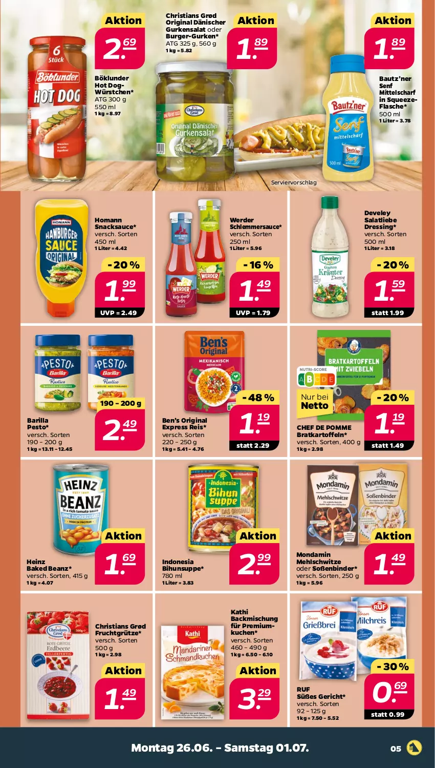 Aktueller Prospekt Netto - Woche 26 - von 26.06 bis 01.07.2023 - strona 5 - produkty: backmischung, barilla, Bau, beanz, Ben’s Original, böklunder, burger, develey, dressing, eis, erde, flasche, frucht, fruchtgrütze, gin, grütze, gurke, gurken, gurkensalat, heinz, homann, hot dog, kartoffel, kartoffeln, kuchen, mehl, mondamin, pesto, reis, salat, sauce, schlemmersauce, senf, snack, snacks, Soße, suppe, Ti, würstchen